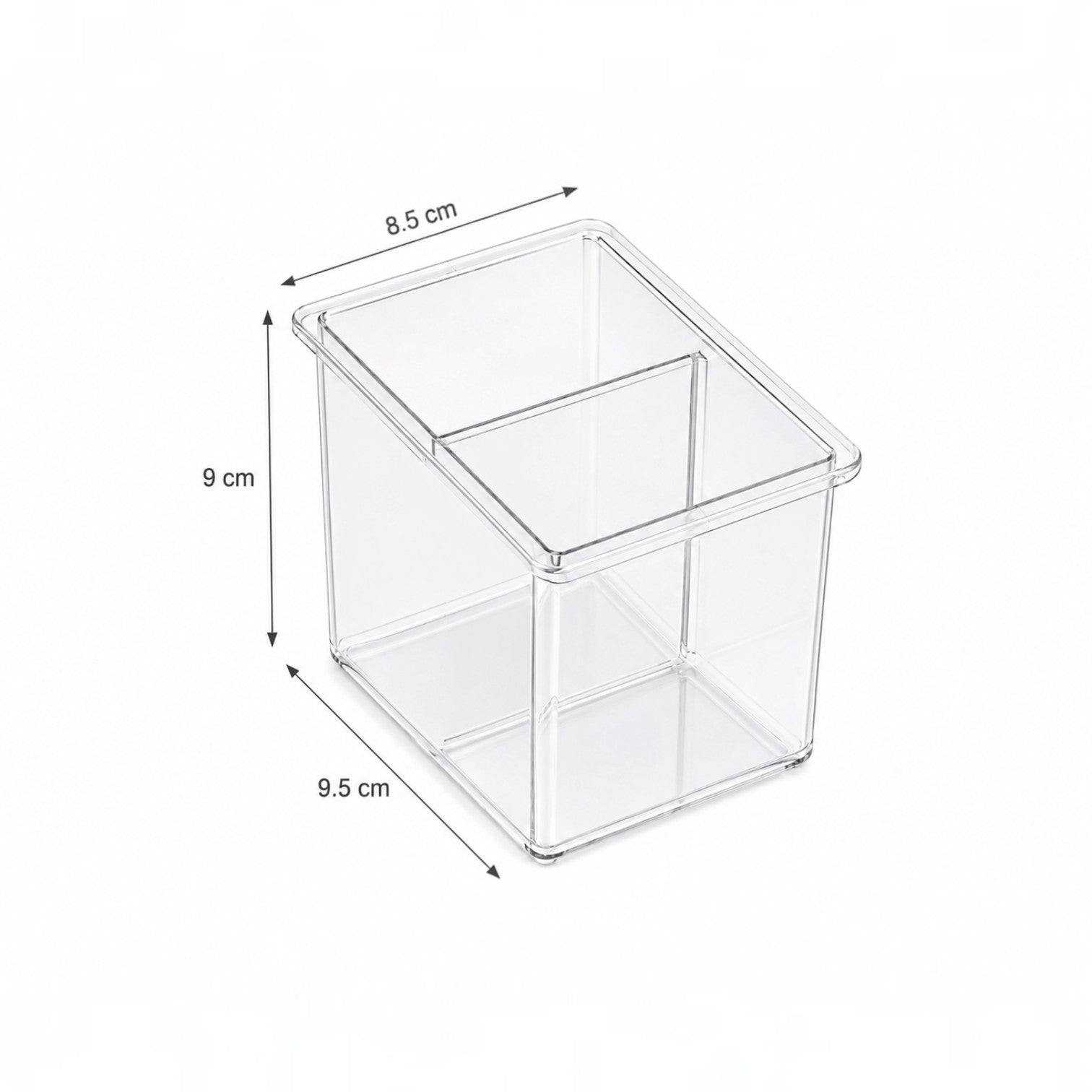 Addo Shop Desk-Up clear acrylic pencil holder with two compartments and labeled dimensions for desk organization.