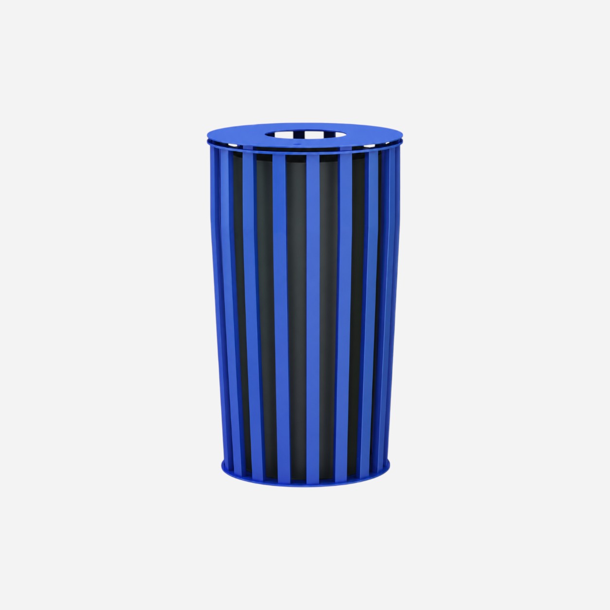 Addo Shop CORTINA.026 blue cylindrical outdoor litter bin with vertical slat design and black inner liner.