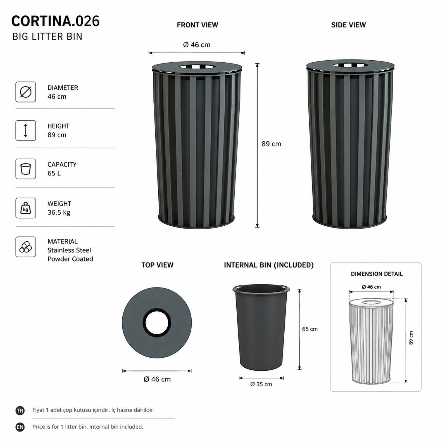 Addo Shop CORTINA.026 grey powder-coated stainless steel outdoor litter bin with 65L capacity and technical dimensions.