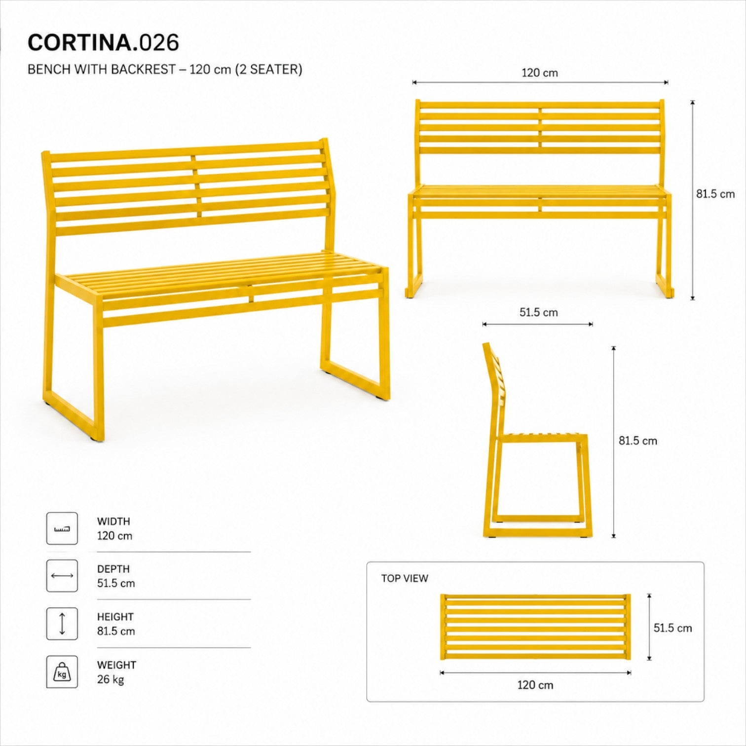 Addo Shop CORTINA.026 yellow metal 2-seater bench with backrest, 120cm wide with technical dimension diagrams.