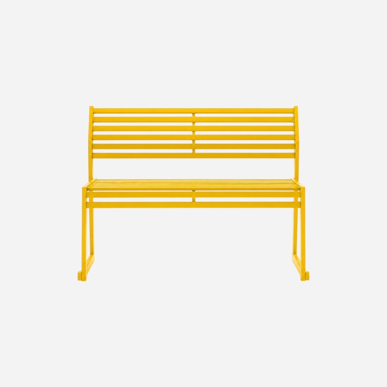 Addo Shop CORTINA.026 yellow metal bench with backrest, 120 cm wide, featuring a slatted design for outdoor use.