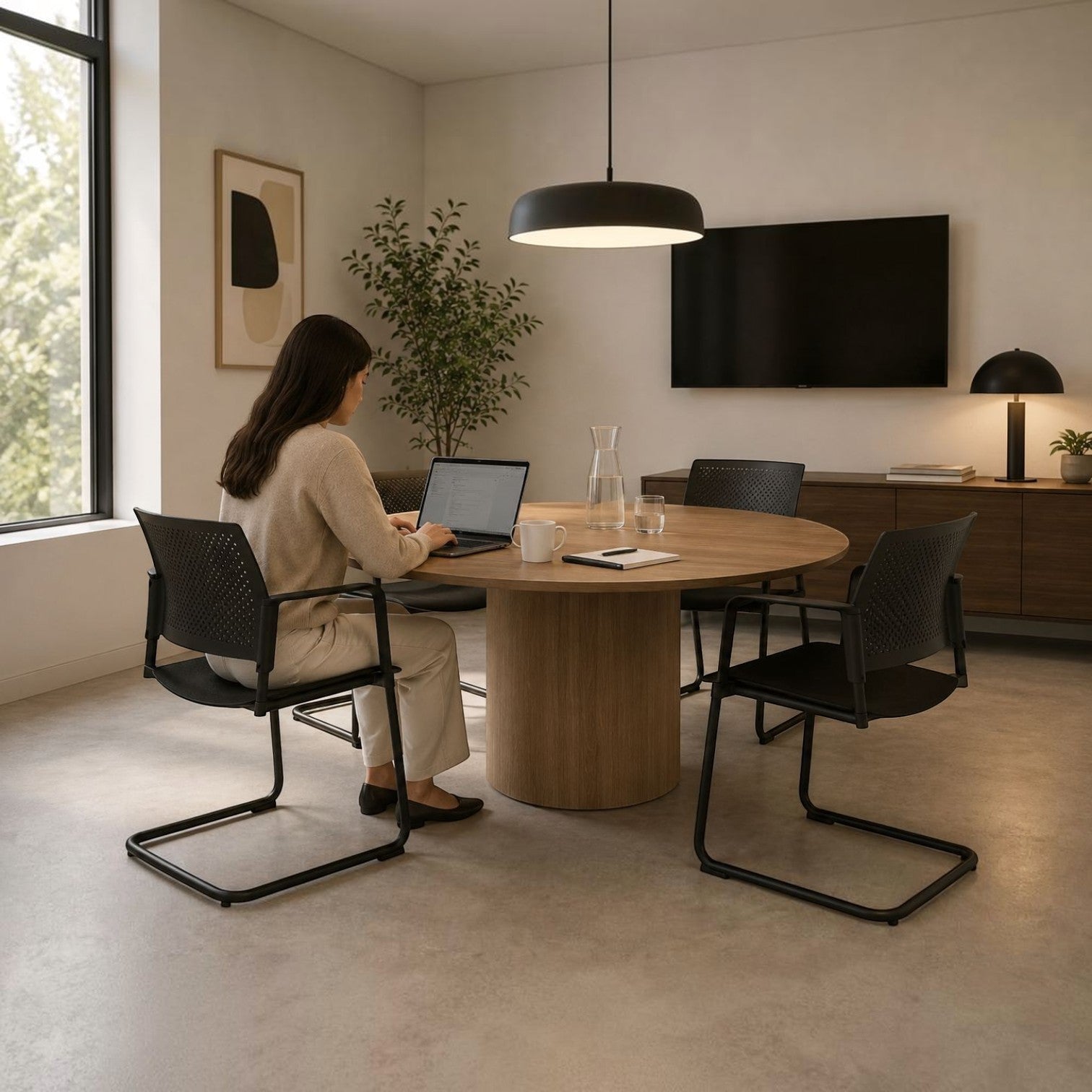 Addo Shop Cute meeting chair with black perforated plastic back and sled base in a modern office meeting room