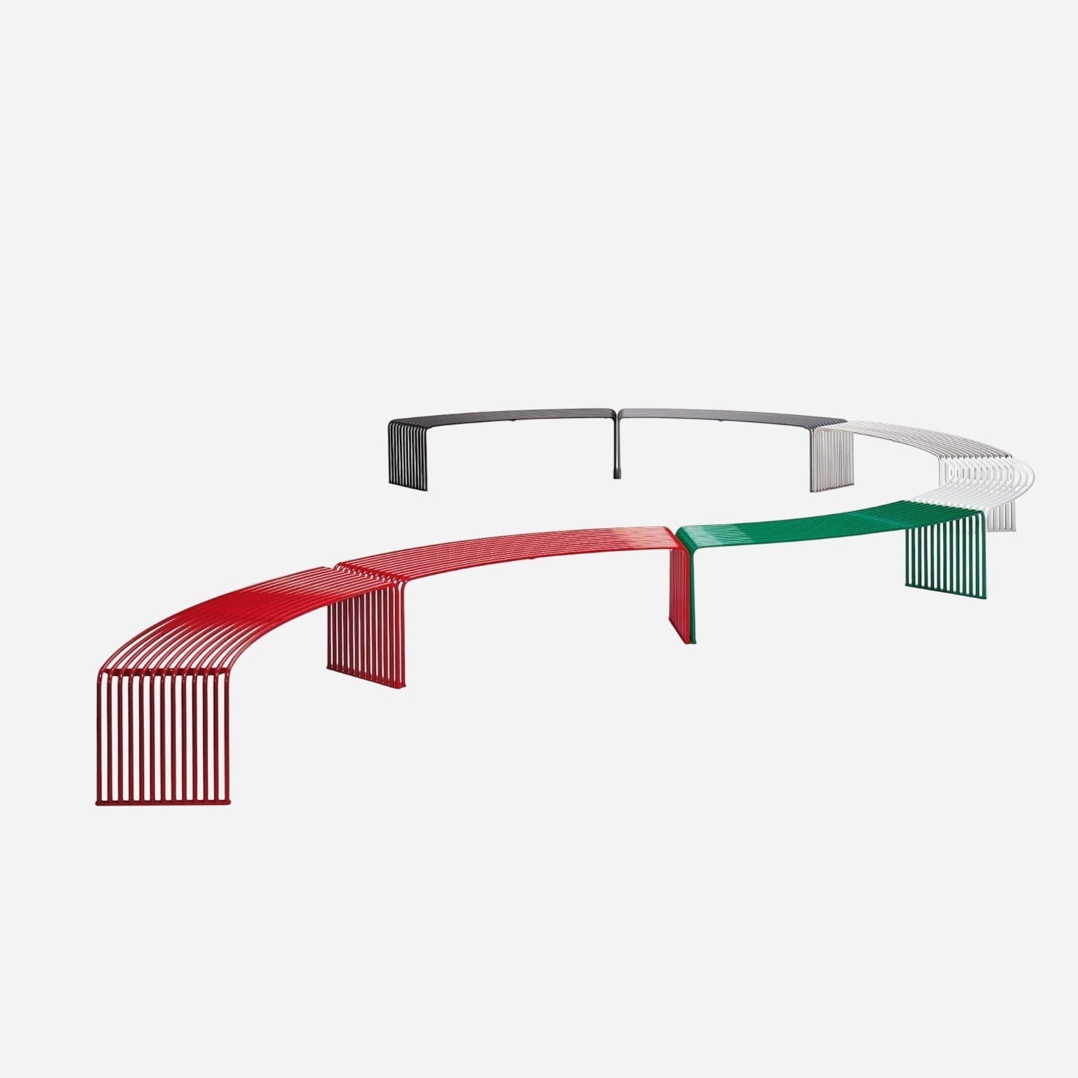 Addo Shop DIEMMEBI .015 modular curved steel outdoor benches in red, green, white, and black for public spaces.