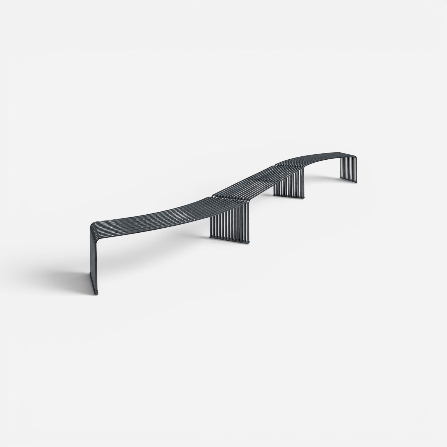 Addo Shop DIEMMEBI .015 modular steel outdoor bench with a curved slatted design in a dark grey powder-coated finish.