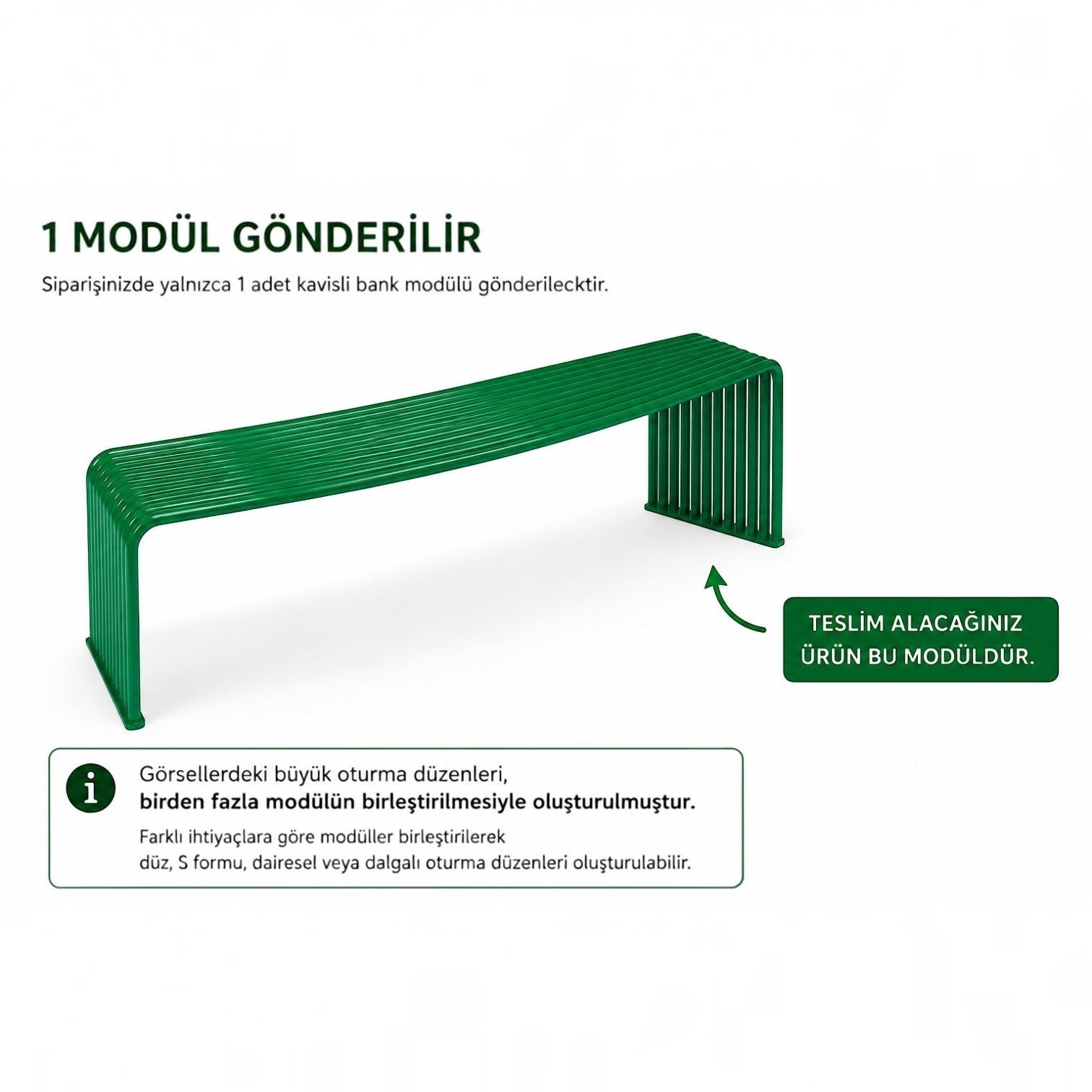 Addo Shop DIEMMEBI .015 green powder-coated steel modular outdoor bench with a curved slatted design.