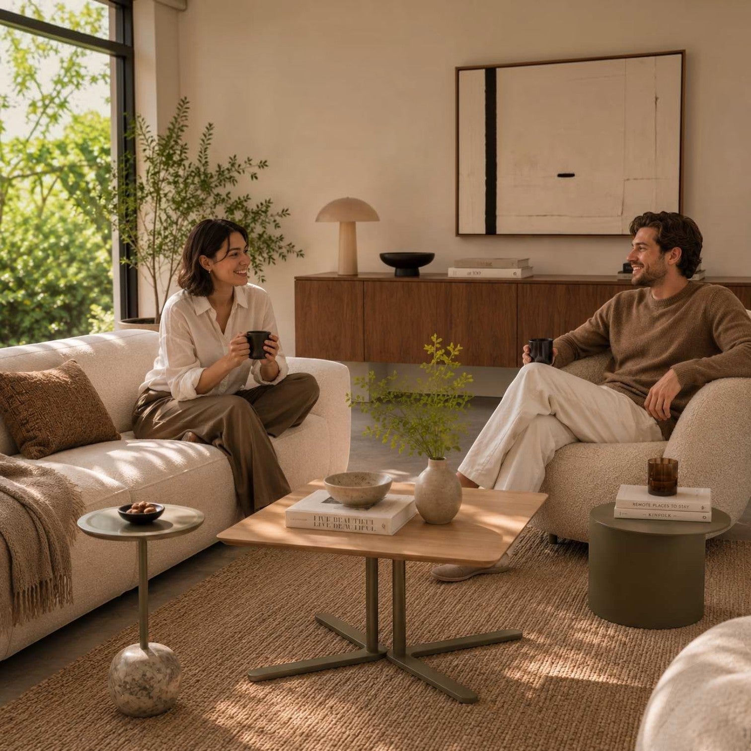 Addo Shop Dodo Square Low Table with natural veneer top and metal cross base in a modern living room with two people