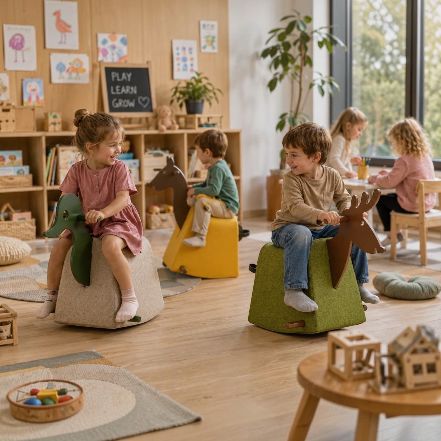 Addo Shop Dondolo Kids Donald duck-shaped upholstered ride-on chairs in a bright, playful kindergarten classroom.