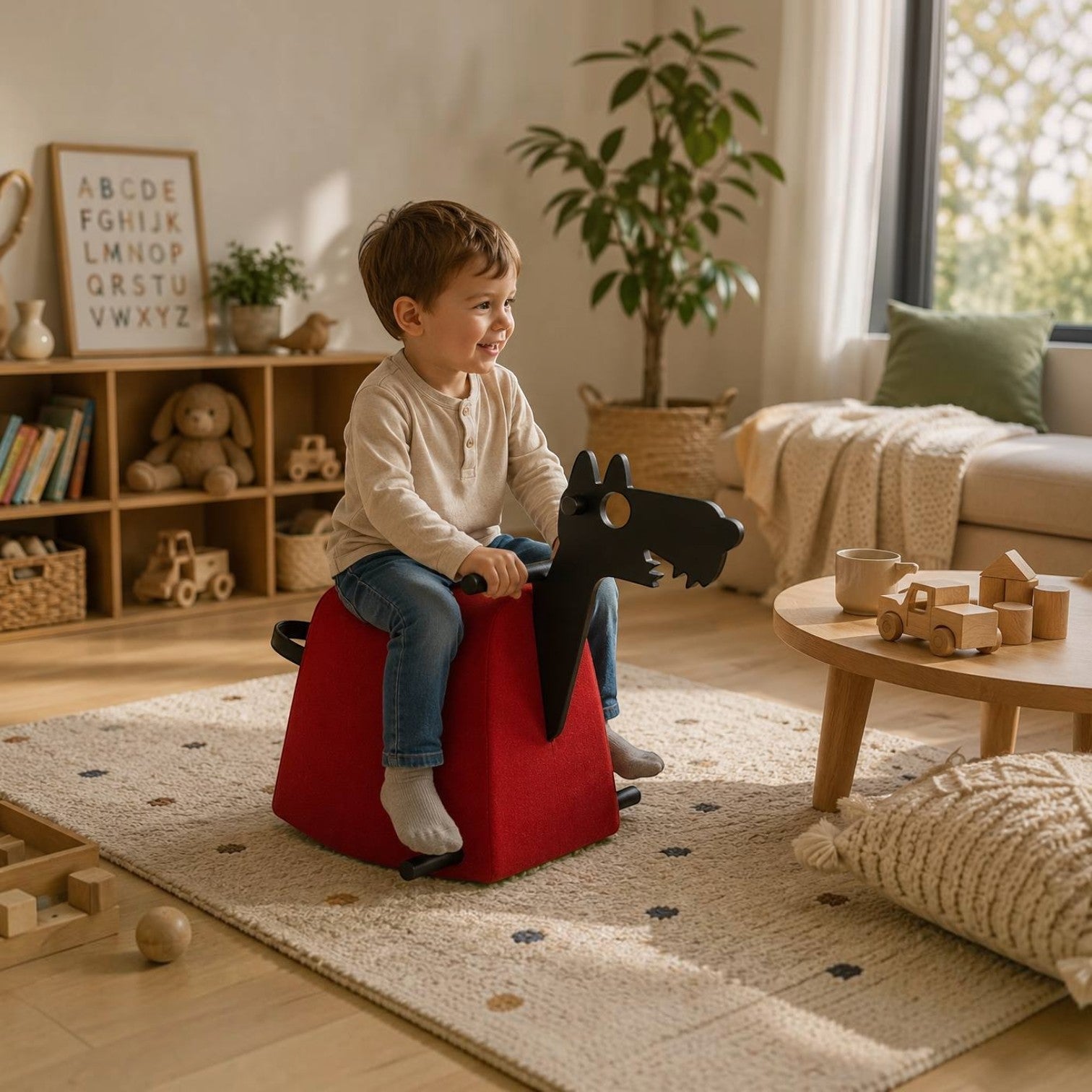 Addo Shop Dondolo Kids Lupo red upholstered wolf-shaped rocking seat for children in a bright playroom