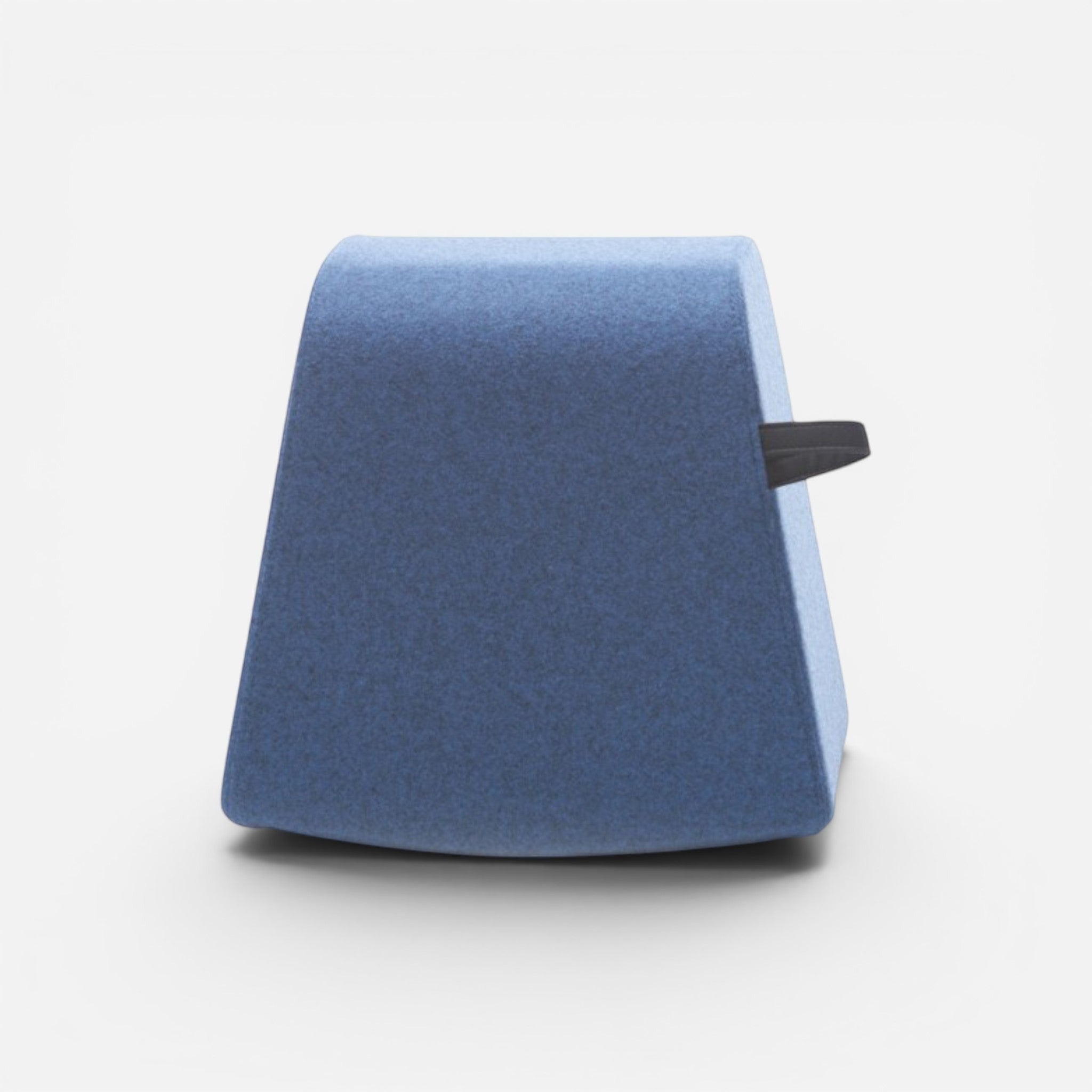 Addo Shop Dondolo pouf in blue faux leather with a curved top and a black handle.