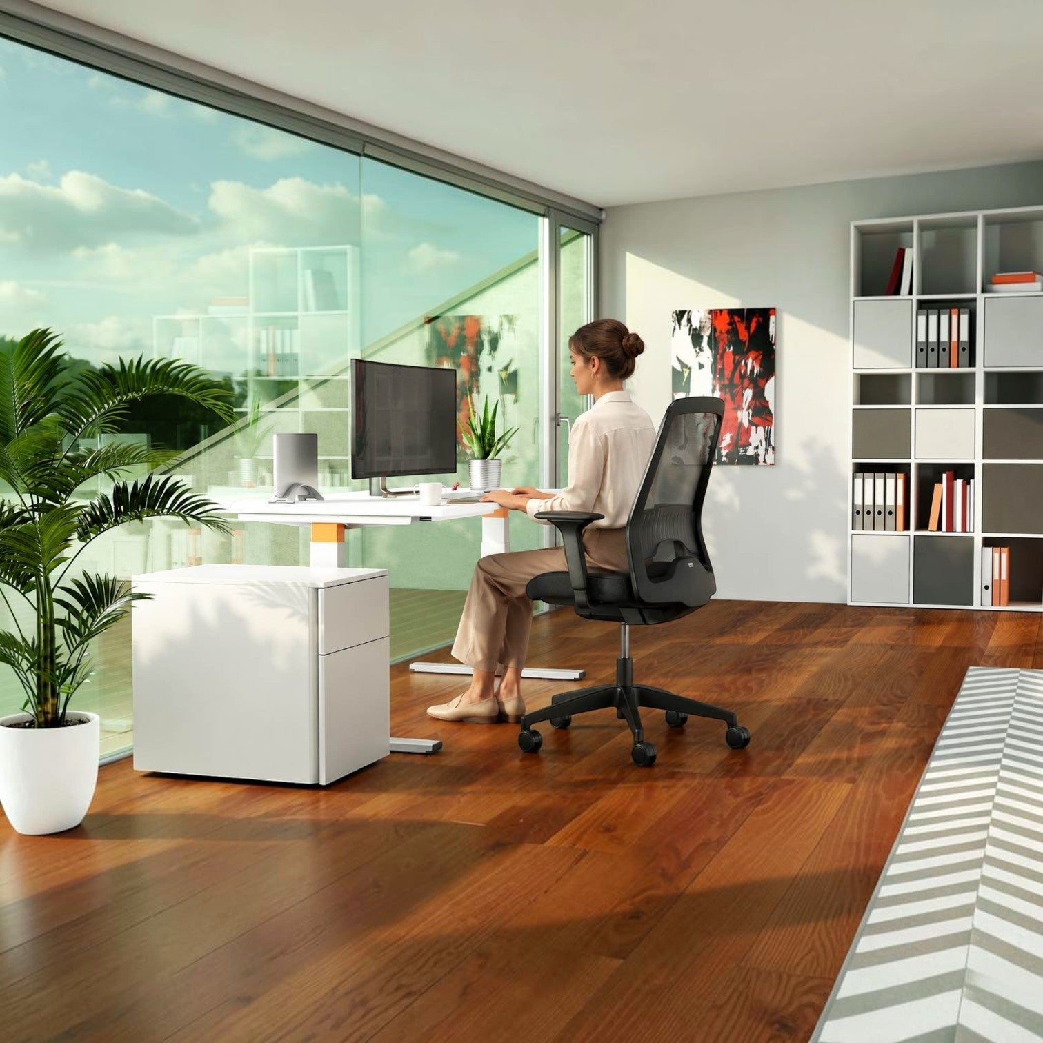 Addo Shop Every ergonomic office chair with black mesh backrest and upholstered seat in a modern home workspace.