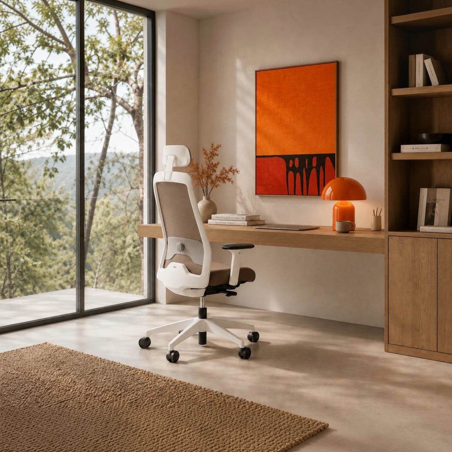 Addo Shop Every ergonomic office chair with white frame, mesh backrest, and adjustable headrest in a modern workspace.