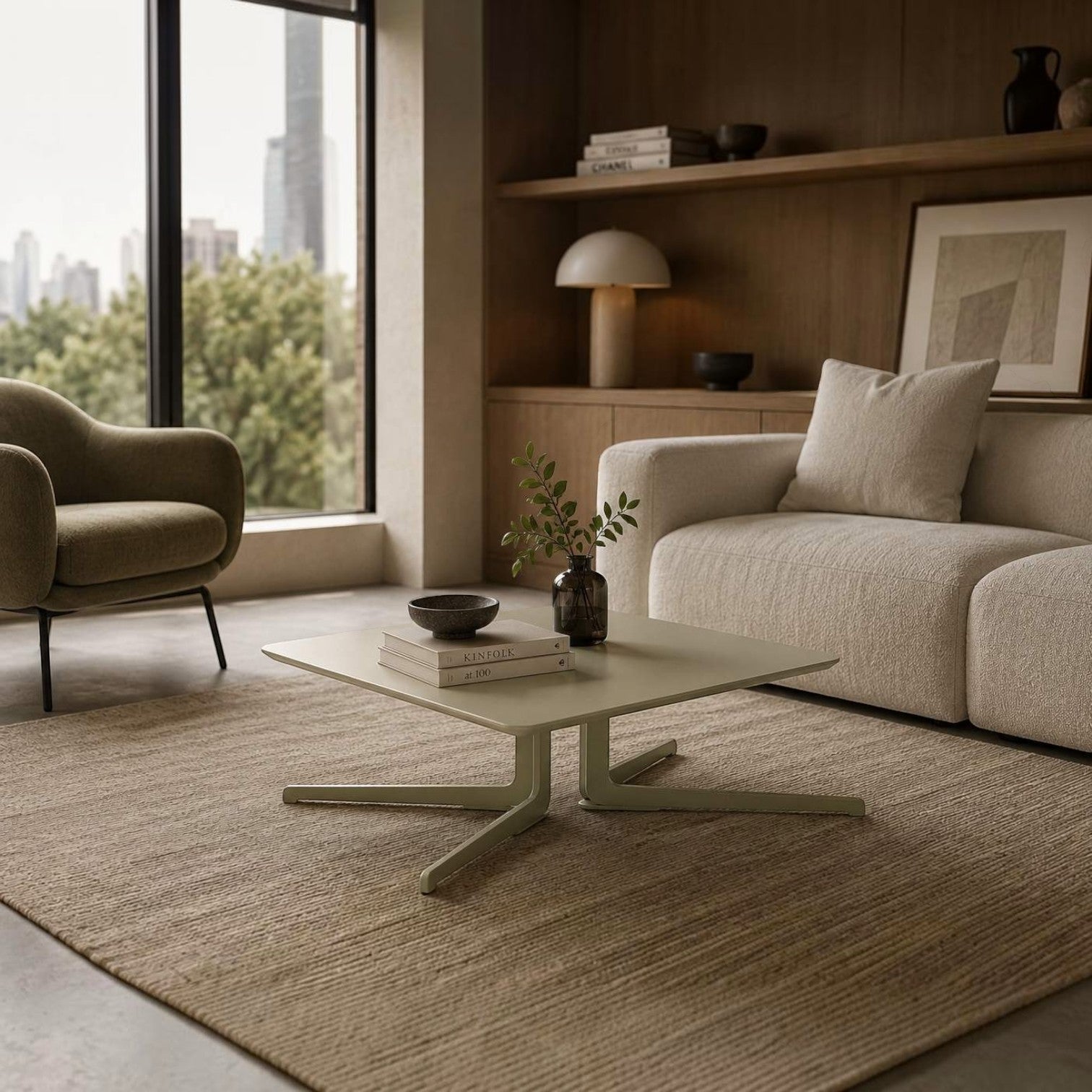 Addo Shop Flamingo low square coffee table with a lacquered top and metal twin-base in a modern living room setting.