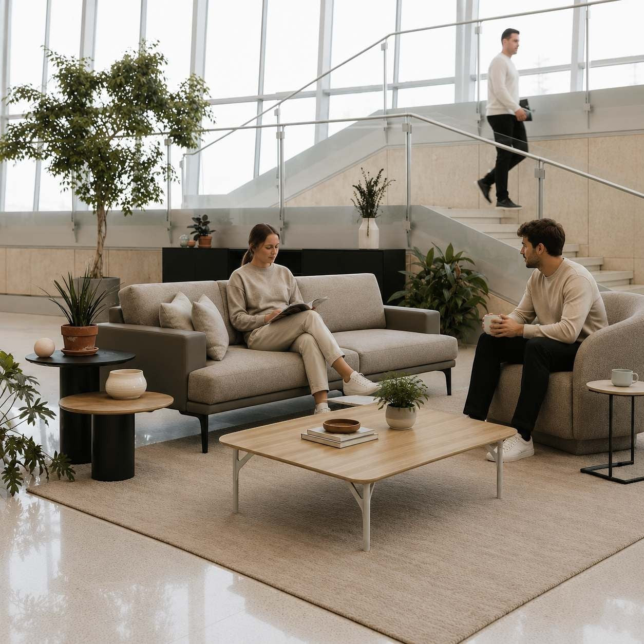 Addo Shop Fly Square Coffee Table with natural wood veneer top and slim metal legs in a modern lounge setting.