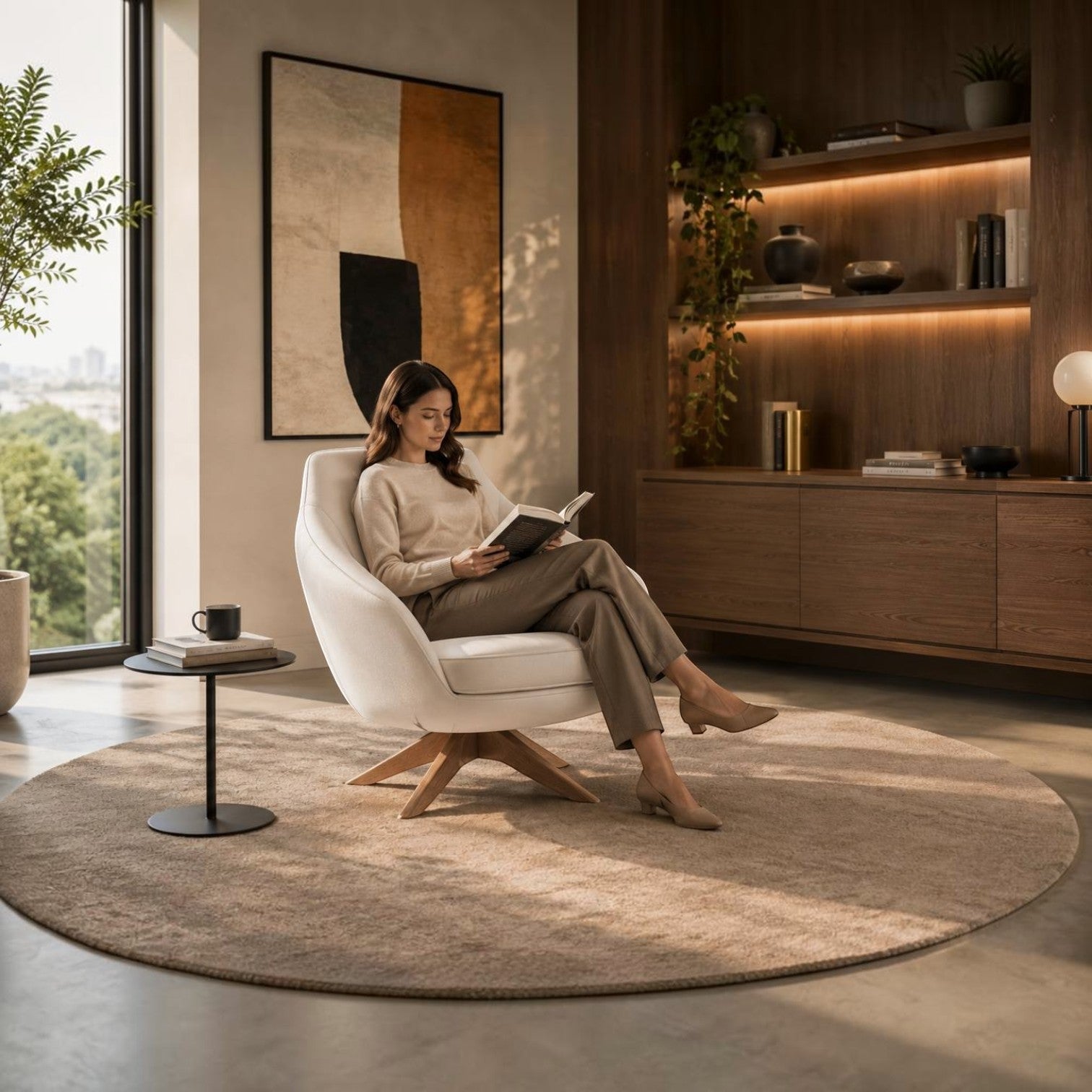 Woman reading in an Addo Shop Frank Low Lounge Chair with white upholstery and a solid wood swivel base in a living room