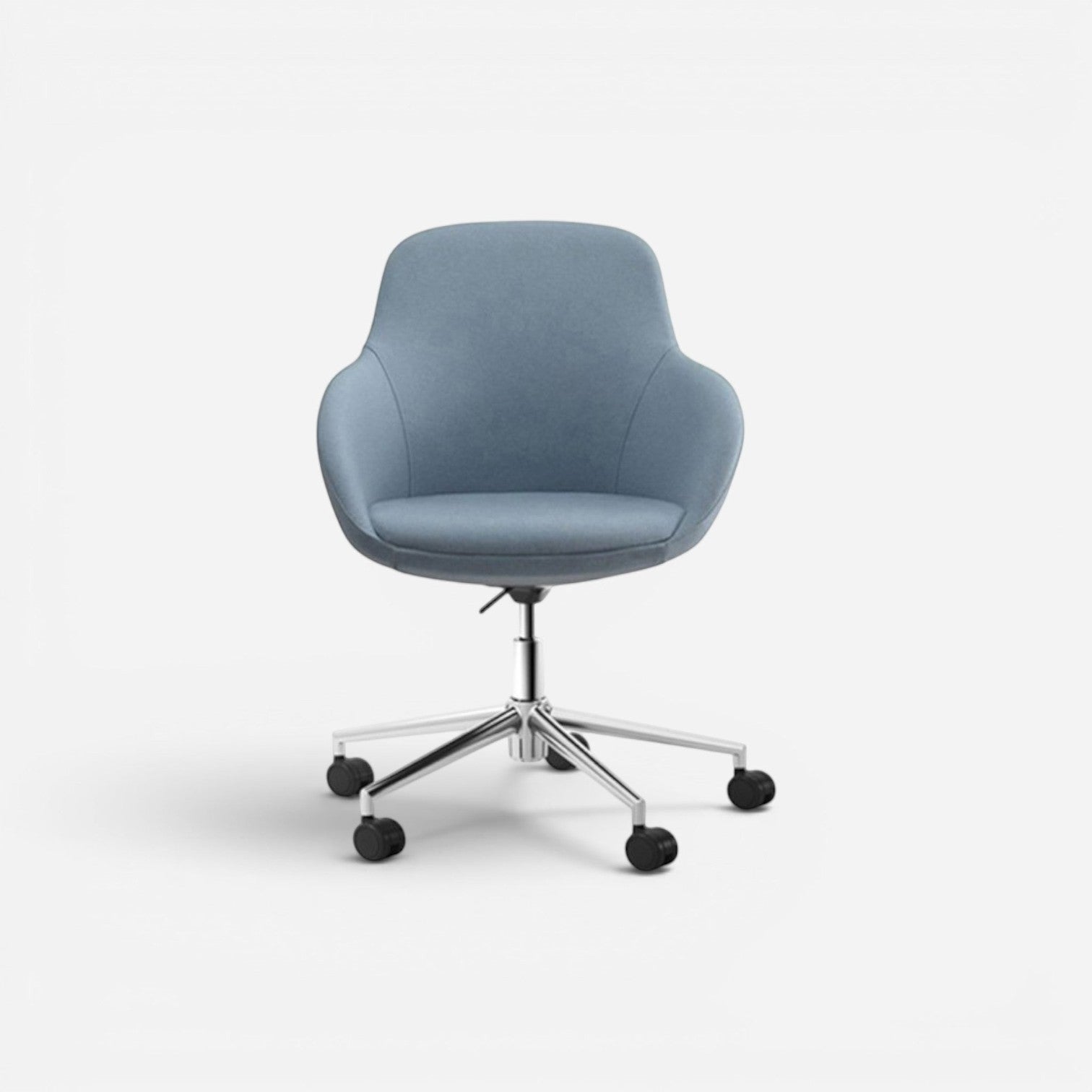 Addo Shop Gio office chair in light blue fabric with aluminum base and wheels. Features height adjustment.