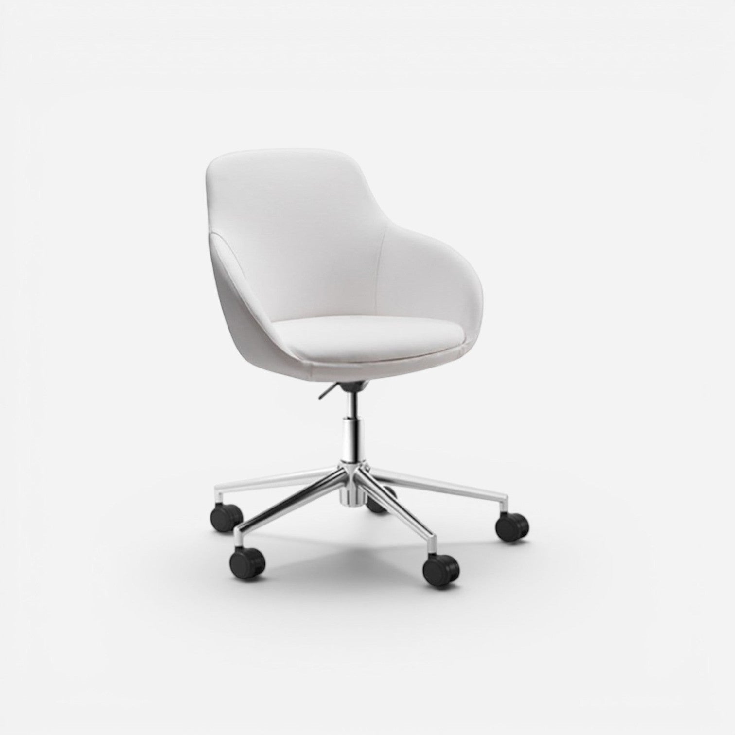 Addo Shop Gio white fabric office chair with chrome aluminum base and wheels, height adjustable.