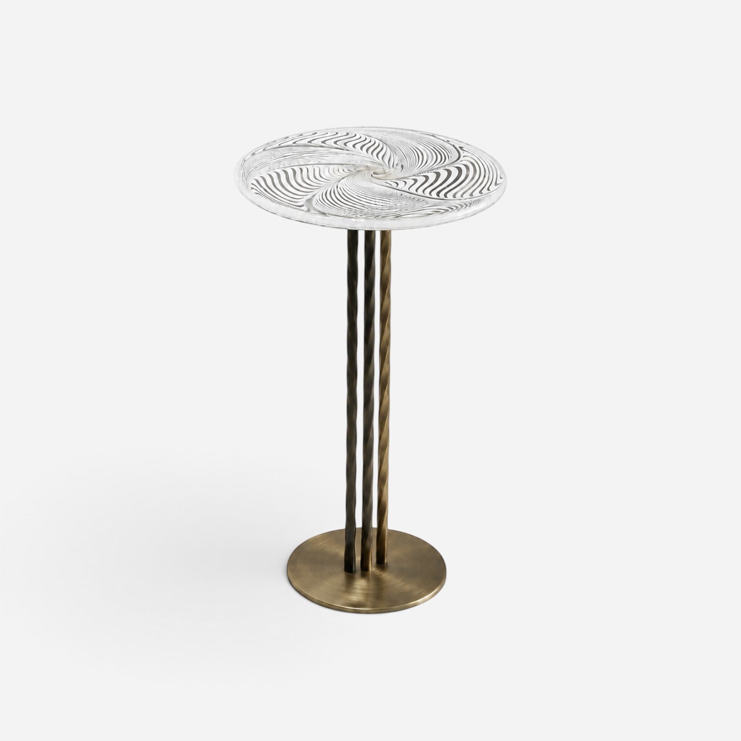 Addo Shop side table with a circular glass top featuring a spiral pattern and three twisted bronze metal legs