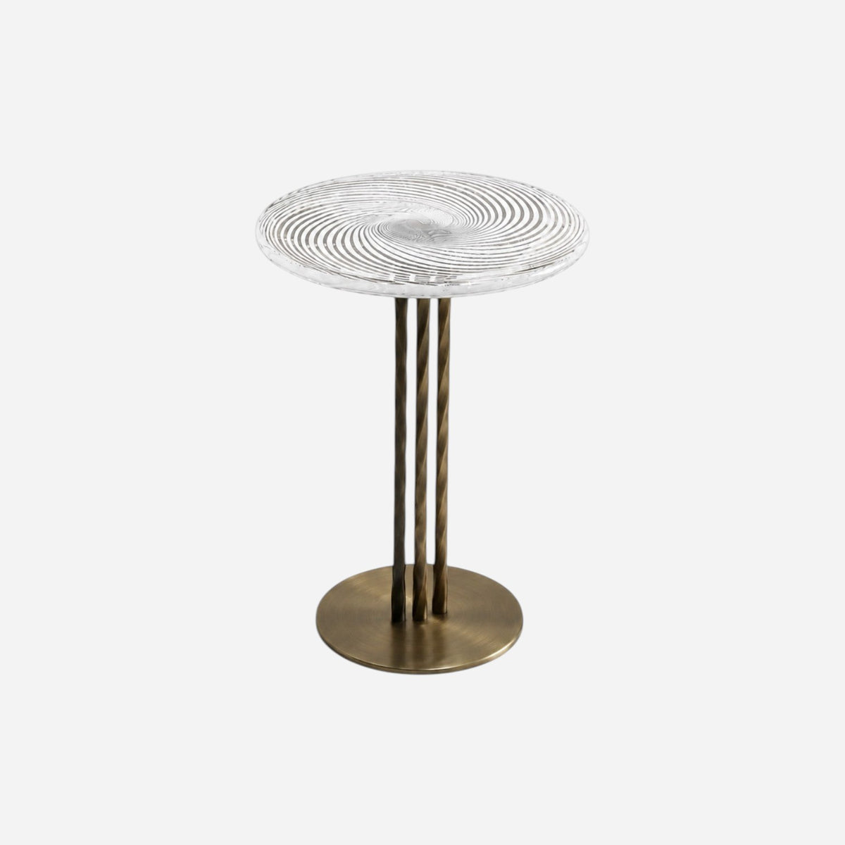 Addo Shop round side table with a clear glass swirl top and three twisted bronze metal legs on a circular base.