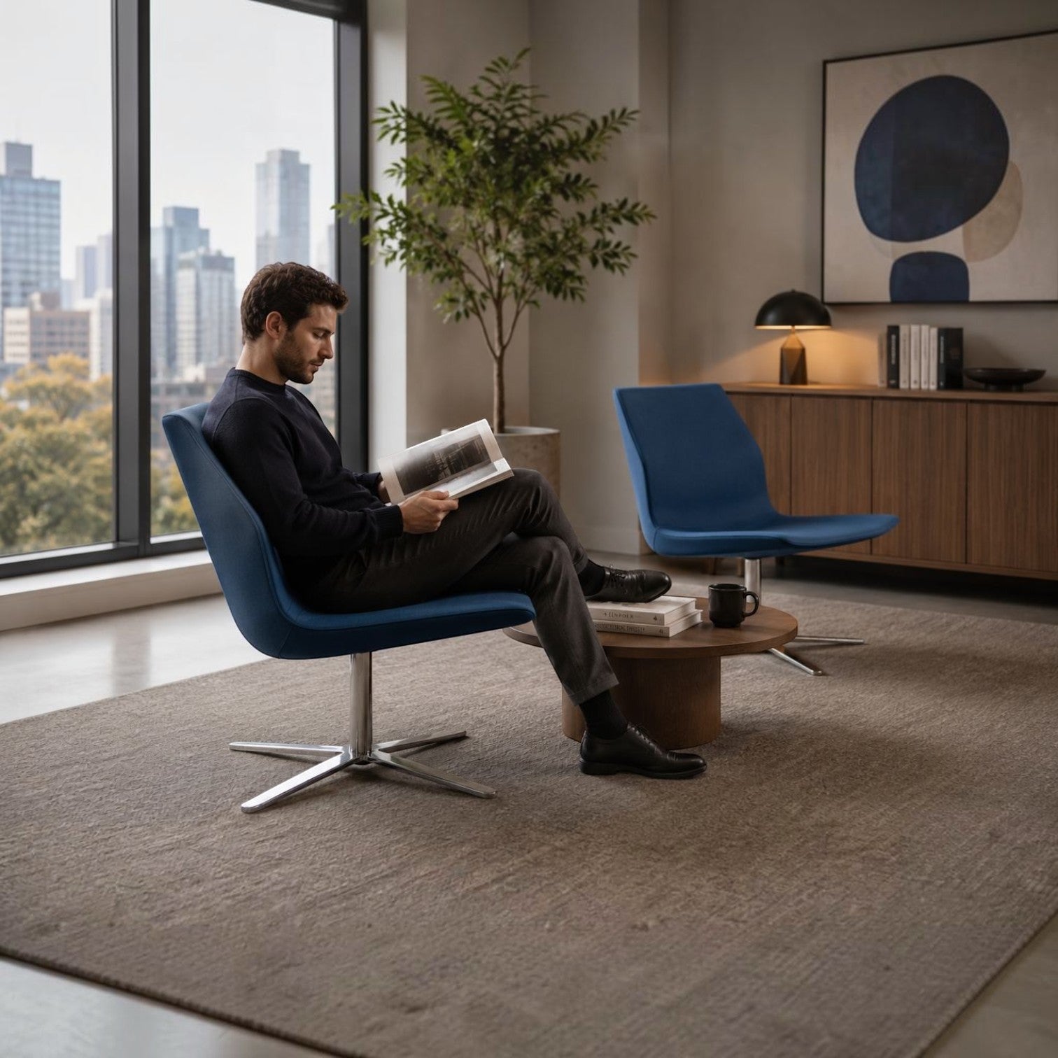 Addo Shop Godot lounge chair in blue fabric with a polished 4-star swivel base, occupied by a man reading in a lounge.