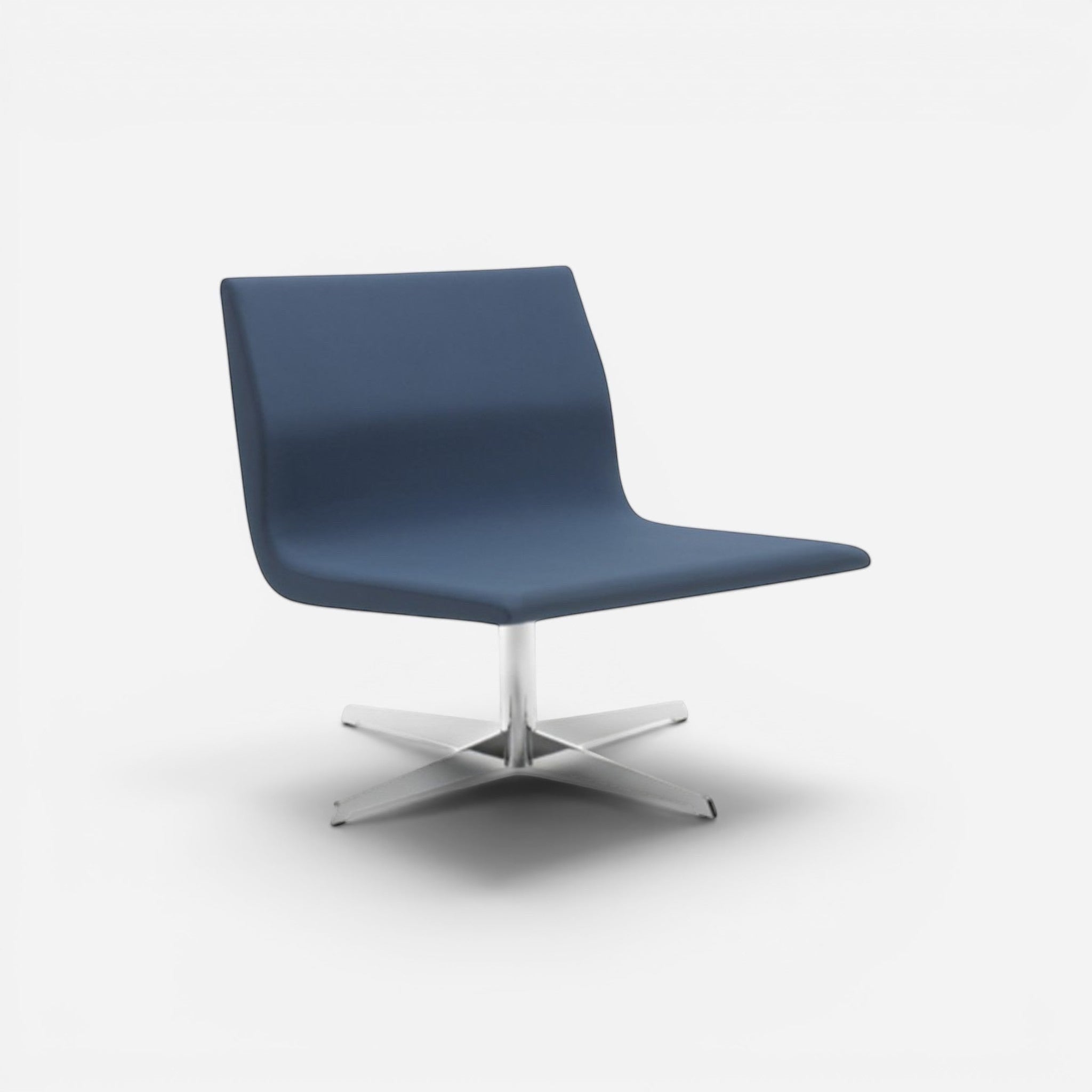 Addo Shop Godot lounge chair in dark blue fabric with a chrome swivel base. Modern, minimalist design.