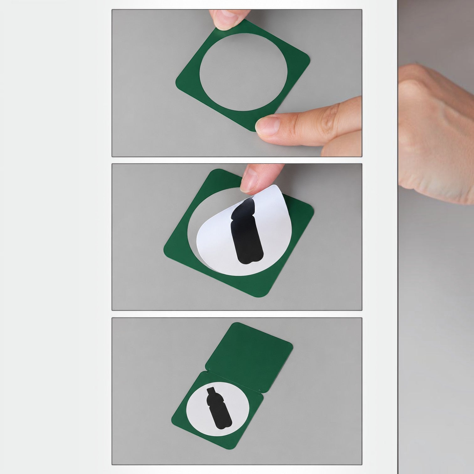 Addo Shop graphics label set featuring a green square frame with a white circular sticker showing a black bottle icon.