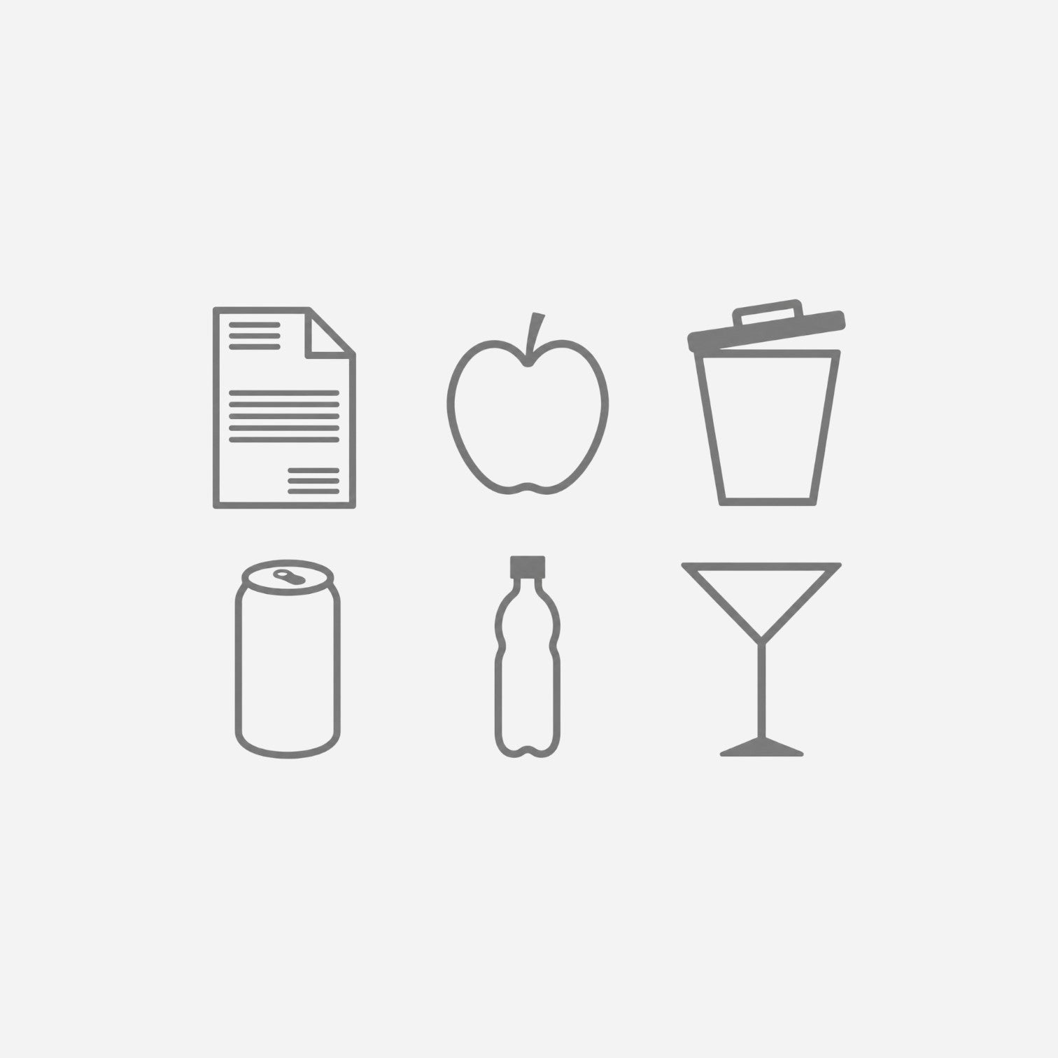 Addo Shop graphics label set featuring grey outline icons for document, apple, trash bin, can, bottle, and glass.