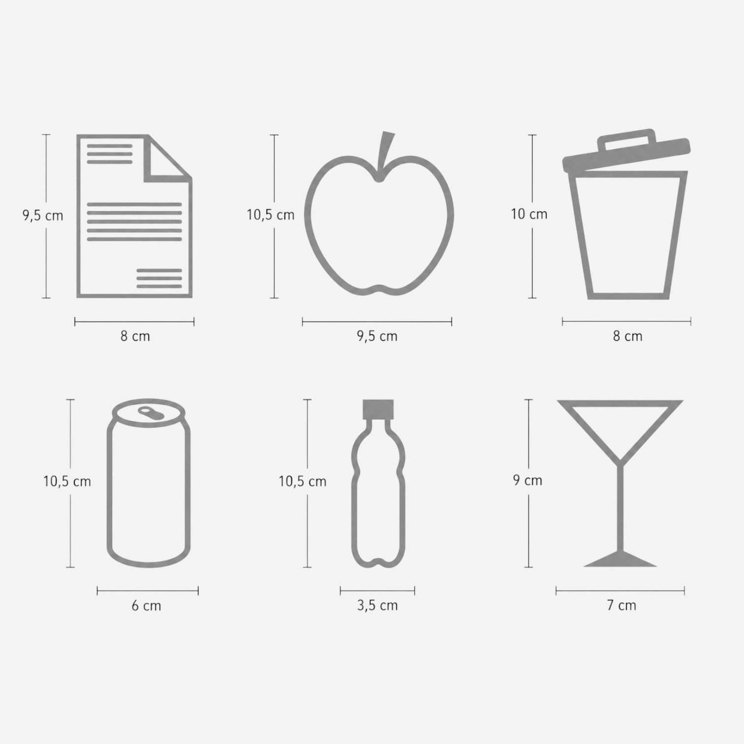 Addo Shop graphics label set featuring six grey outline icons for waste sorting with precise dimensions in centimeters.