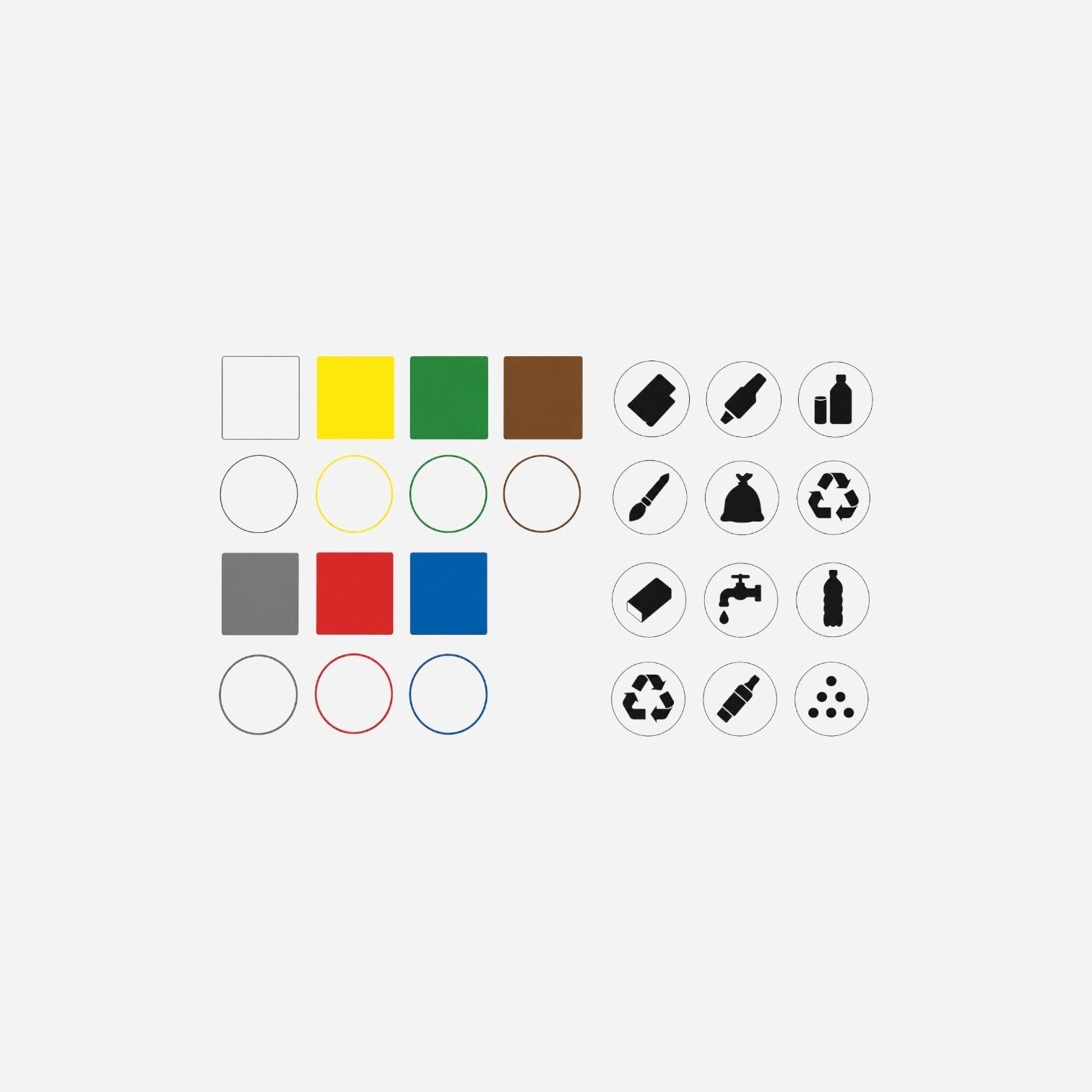 Addo Shop graphics label set featuring colorful square and circular stickers alongside black icon labels.