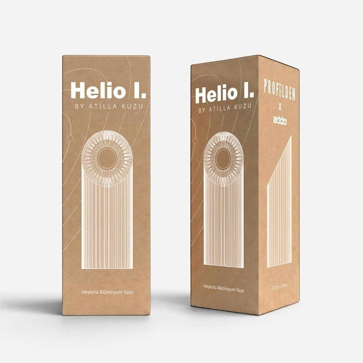 Addo Shop HELIO-2 sculptural brushed aluminum vase in its branded cardboard packaging box