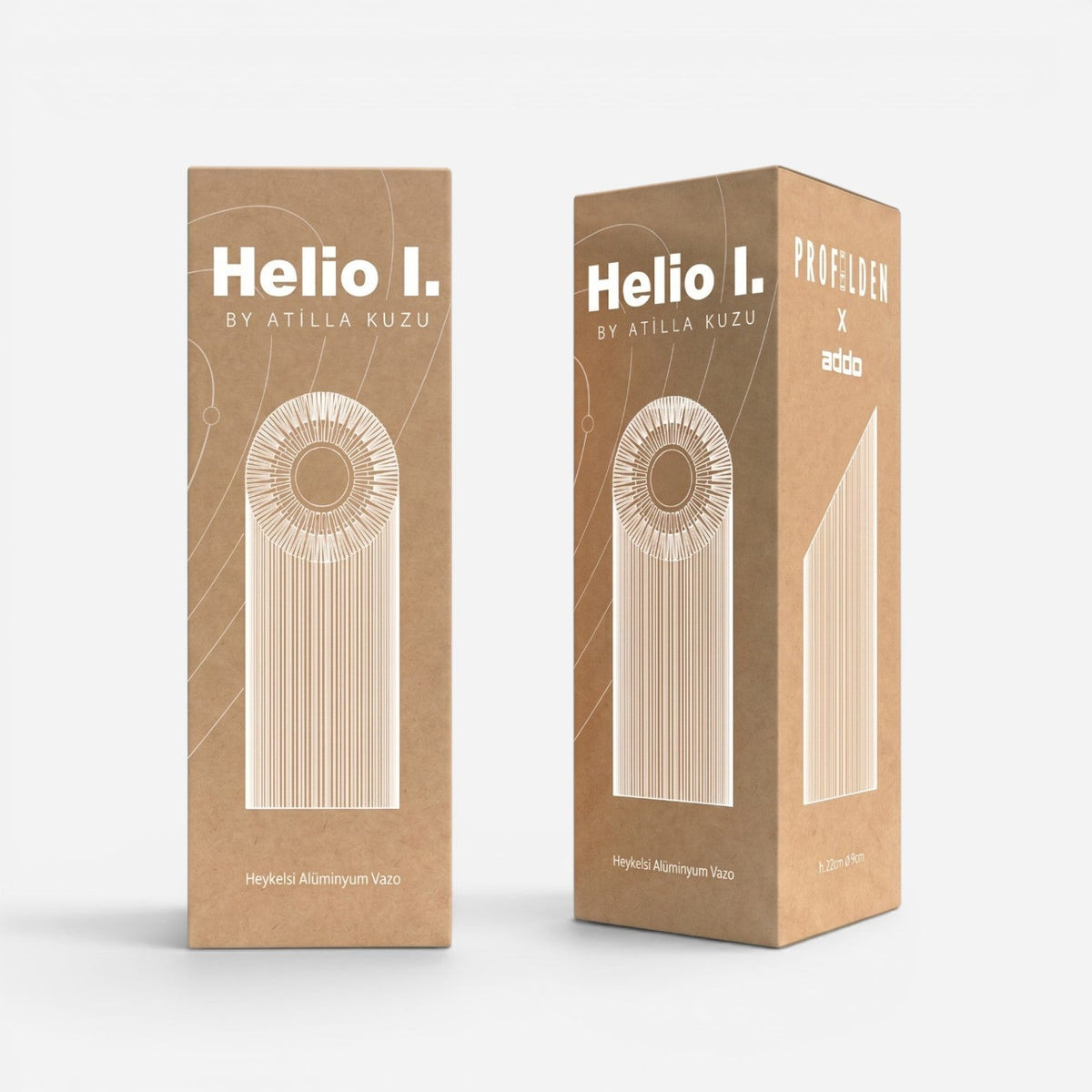 Addo Shop Helio I decorative metal object in its branded brown cardboard packaging with white graphic details.