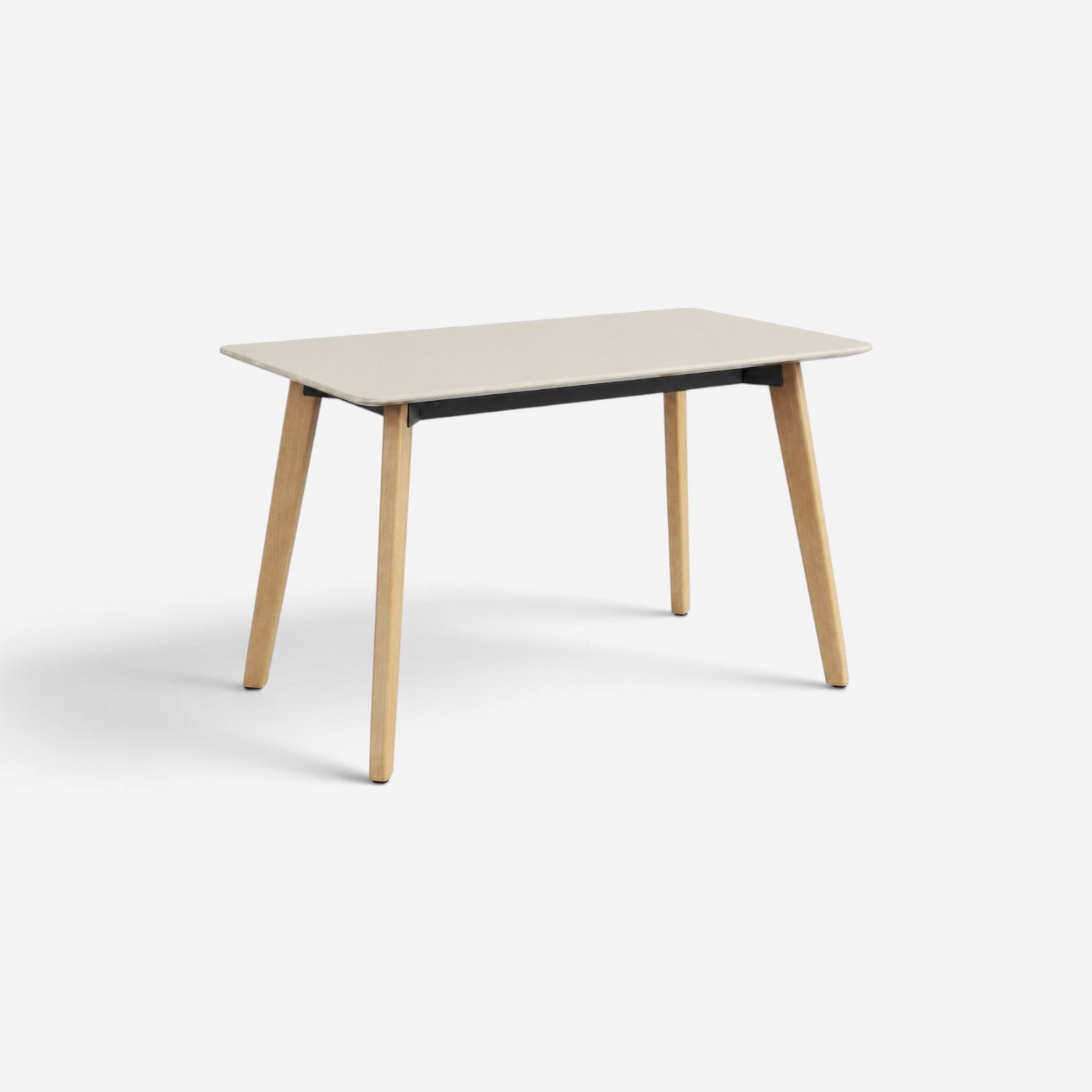 Addo Shop HUB W desk with a light beige rectangular top and tapered light wood legs on a white background