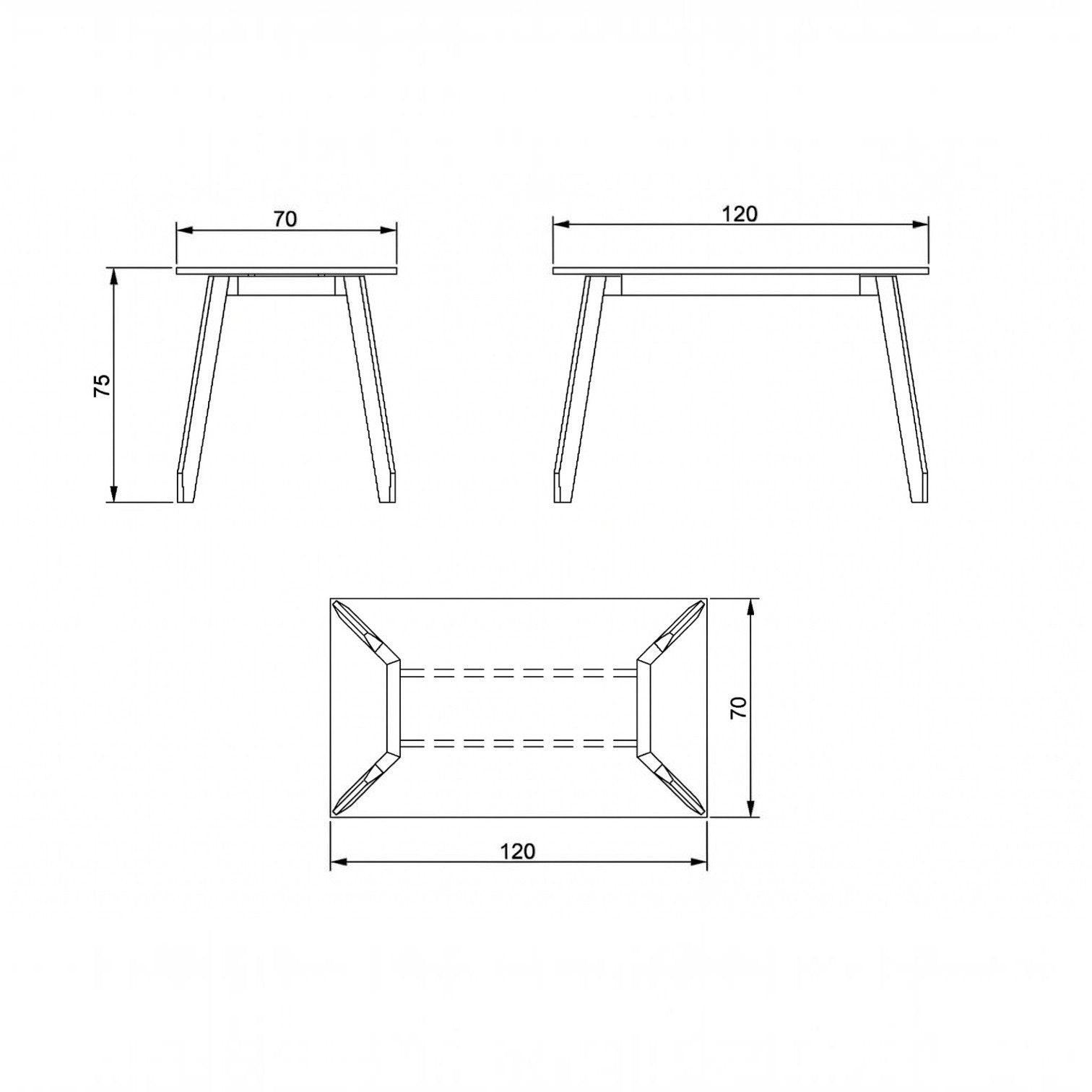 Technical drawing of Addo Shop Hub W desk showing front, side, and top views with 120x70cm dimensions.