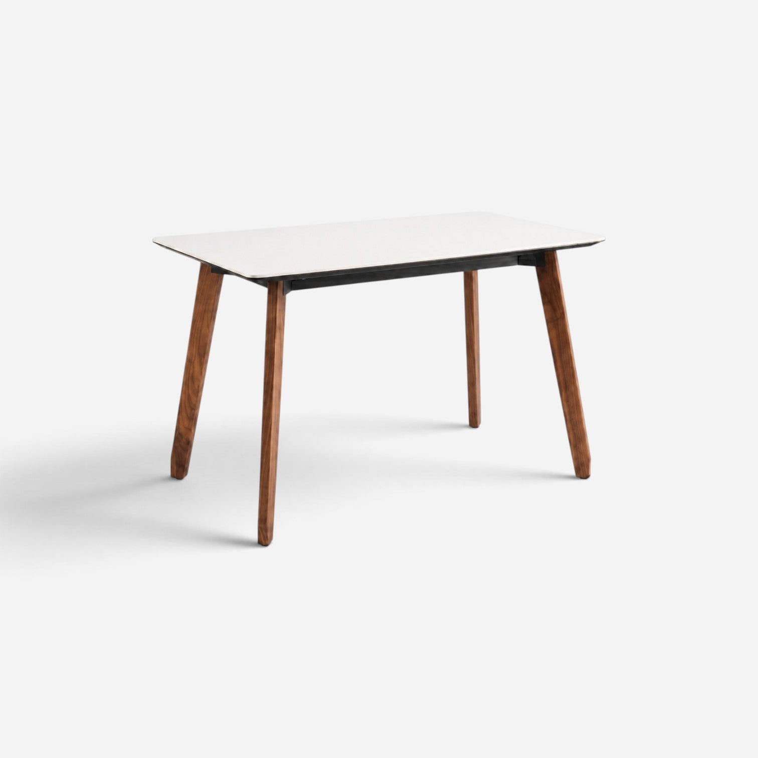 Addo Shop HUB W modern rectangular desk with a white top and angled wooden legs on a white background