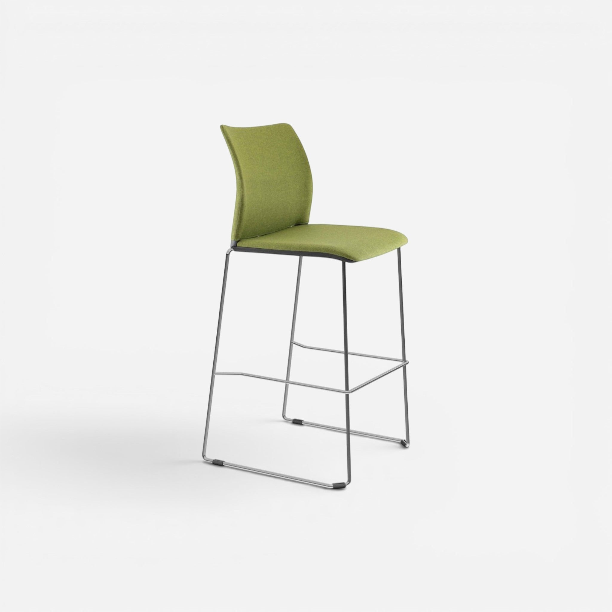 Addo Shop Incontro bar stool with lime green fabric seat and back, chrome legs, armless design.