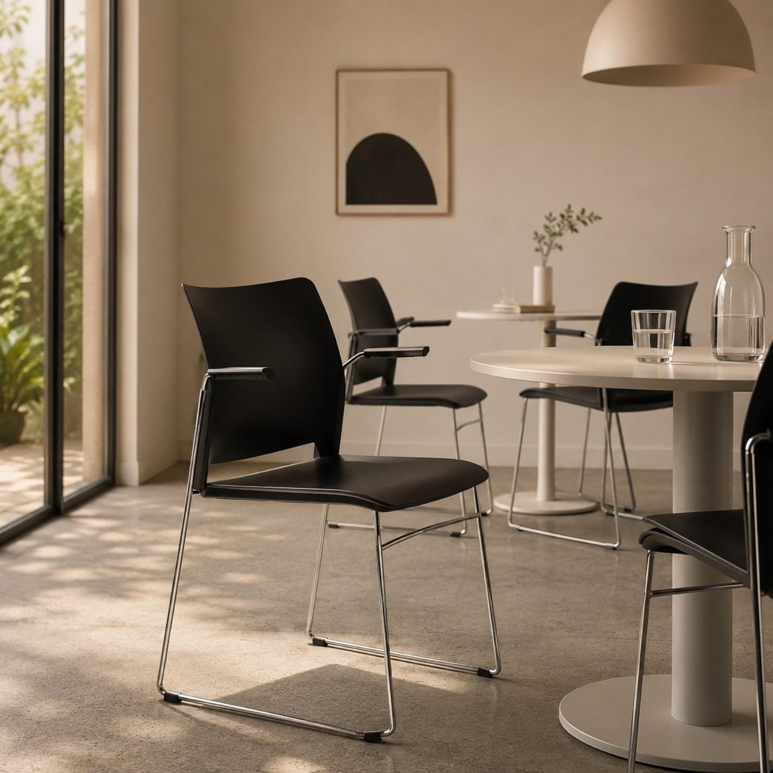 Addo Shop Incontro cafeteria chair with black polypropylene shell, integrated armrests, and chrome sled base in a dining room.