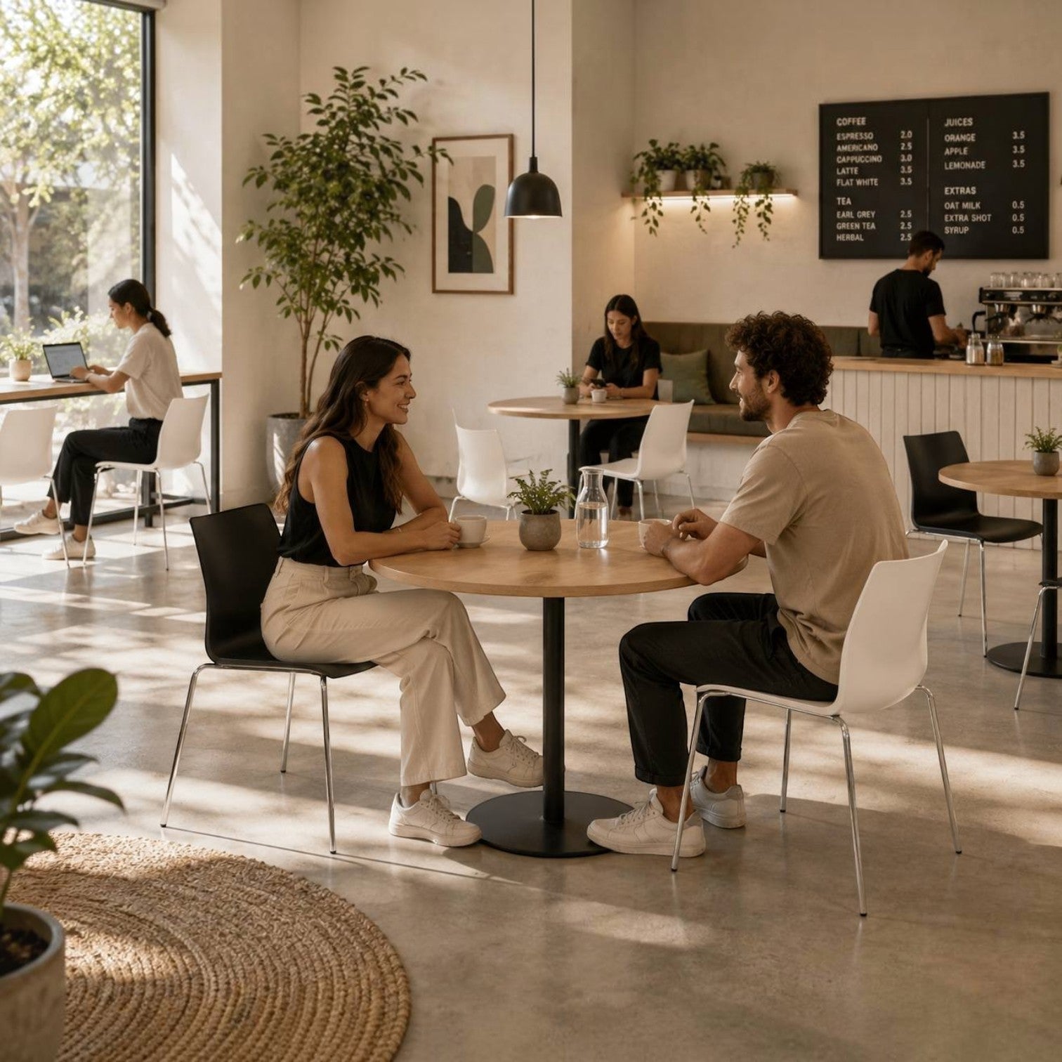 Addo Shop Incontro cafeteria chair with black and white plastic shells and chrome four-leg frames in a cafe setting.