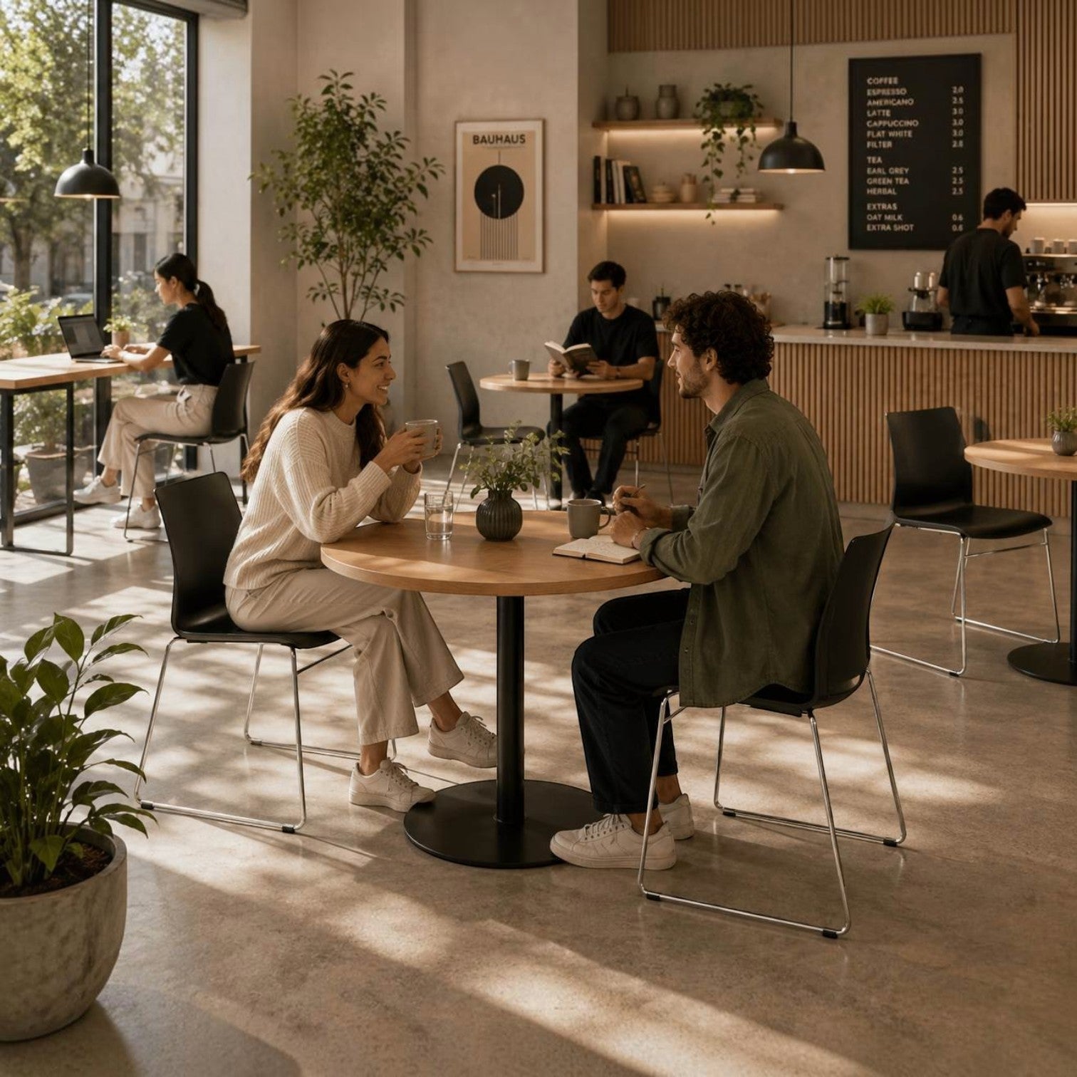 Addo Shop Incontro cafeteria chairs with black polypropylene shells and chrome sled bases in a modern cafe setting.