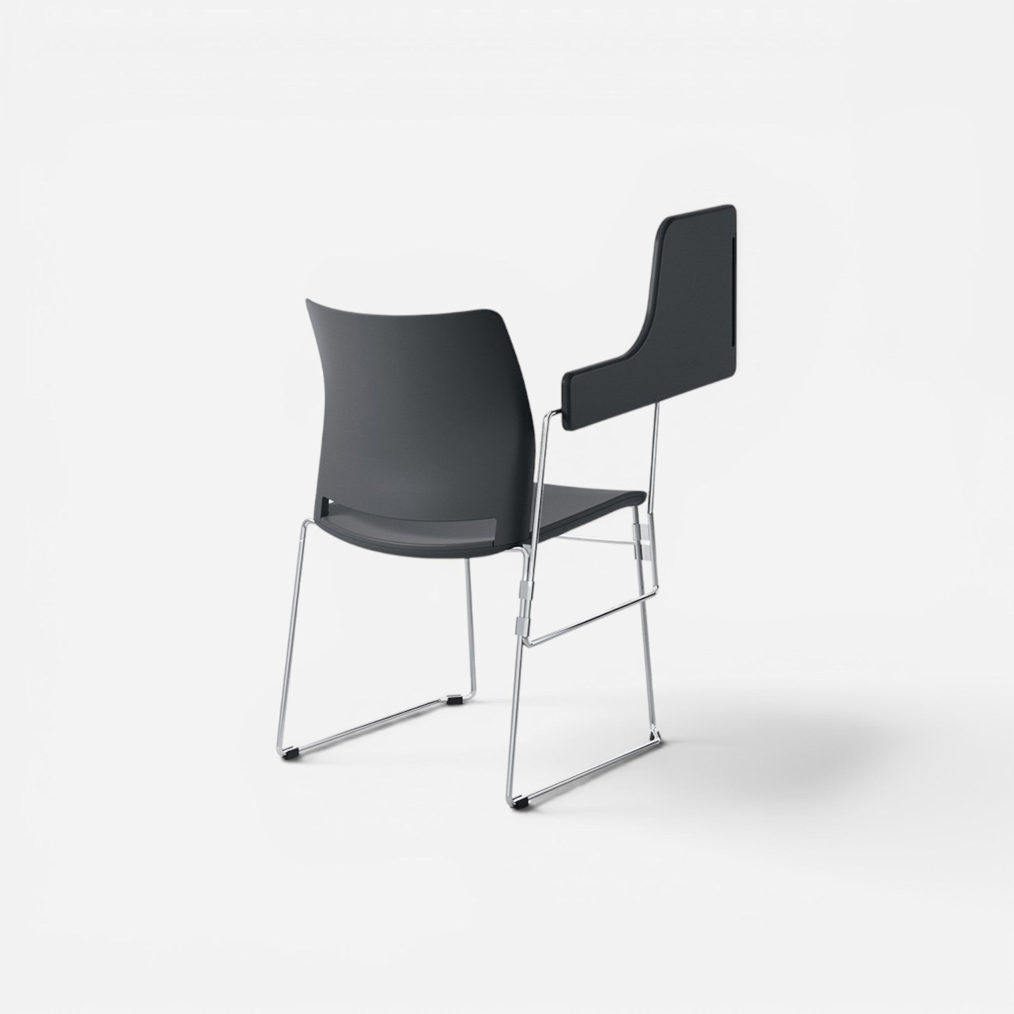 Addo Shop Incontro dark grey plastic chair with writing tablet and chrome legs