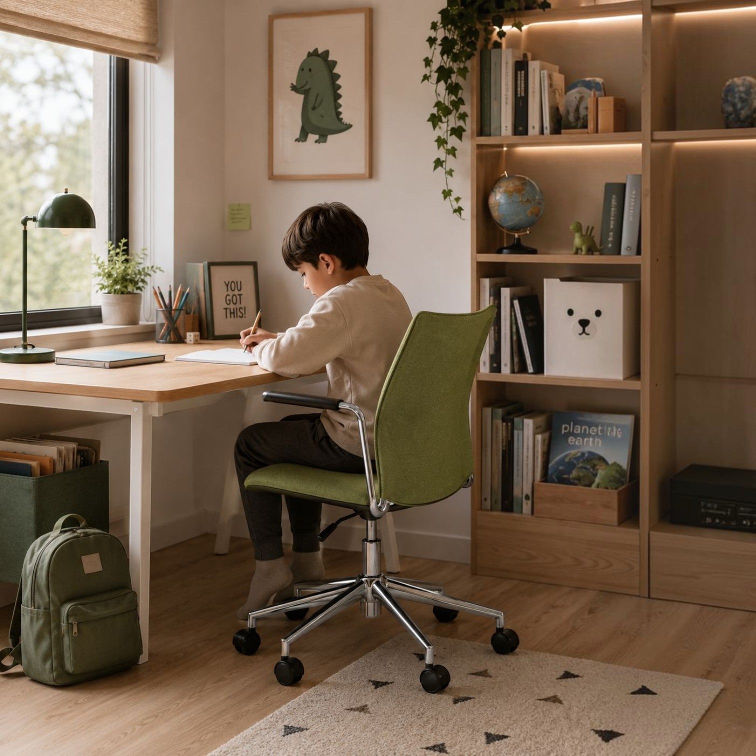 Addo Shop Incontro office chair with green upholstery and chrome base, used by a child at a wooden desk in a home office.