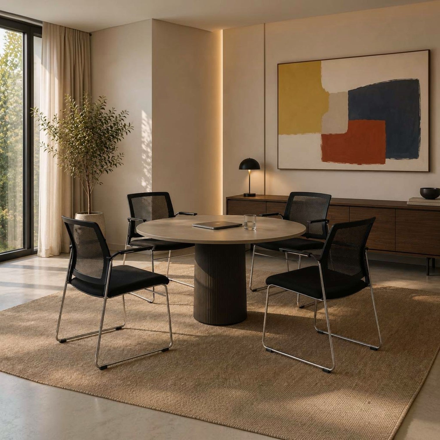 Addo Shop Incontro cafeteria chairs with black mesh backrests and chrome sled frames arranged around a round table.