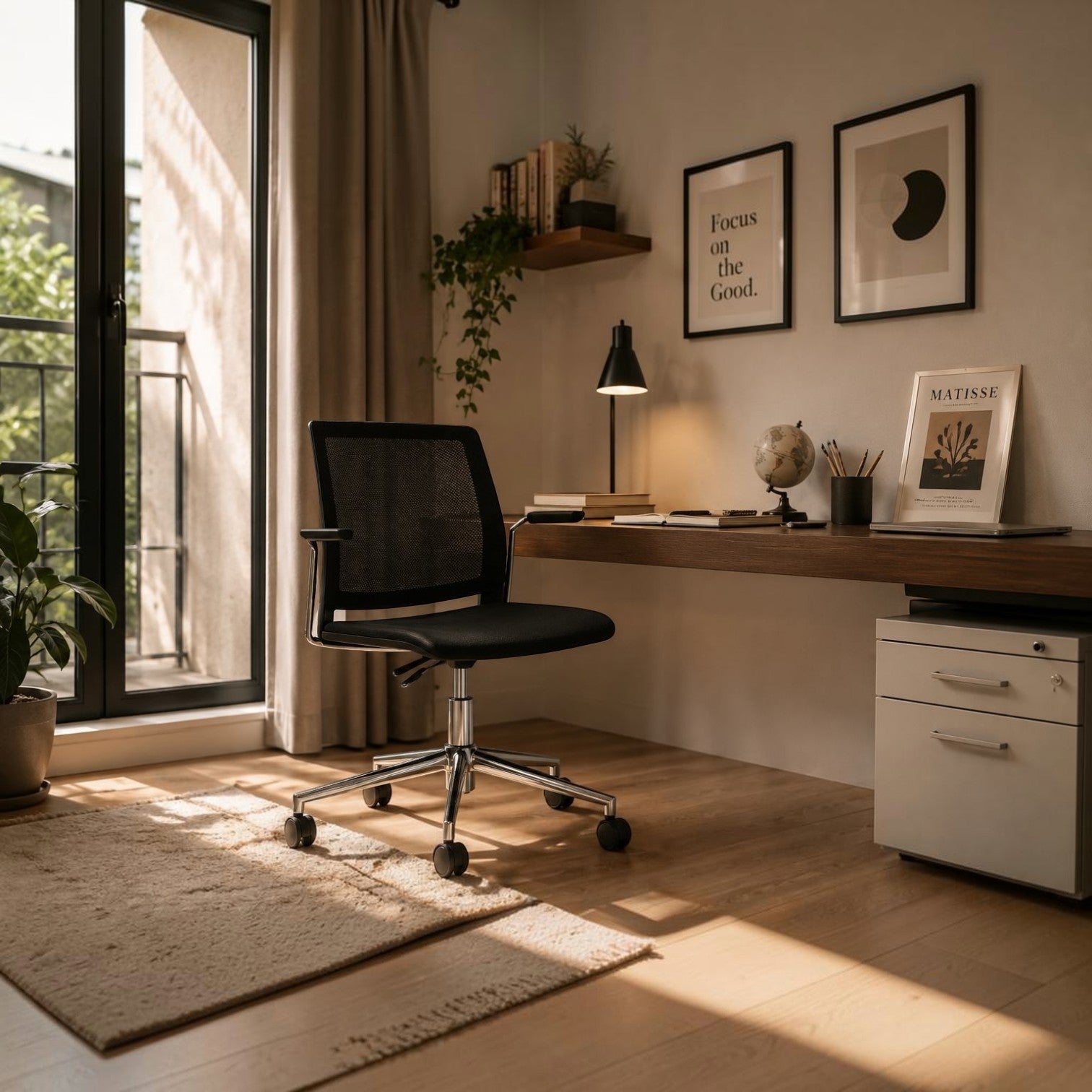 Addo Shop Incontro office chair with black mesh back, upholstered seat, and chrome 5-star base in a home office.