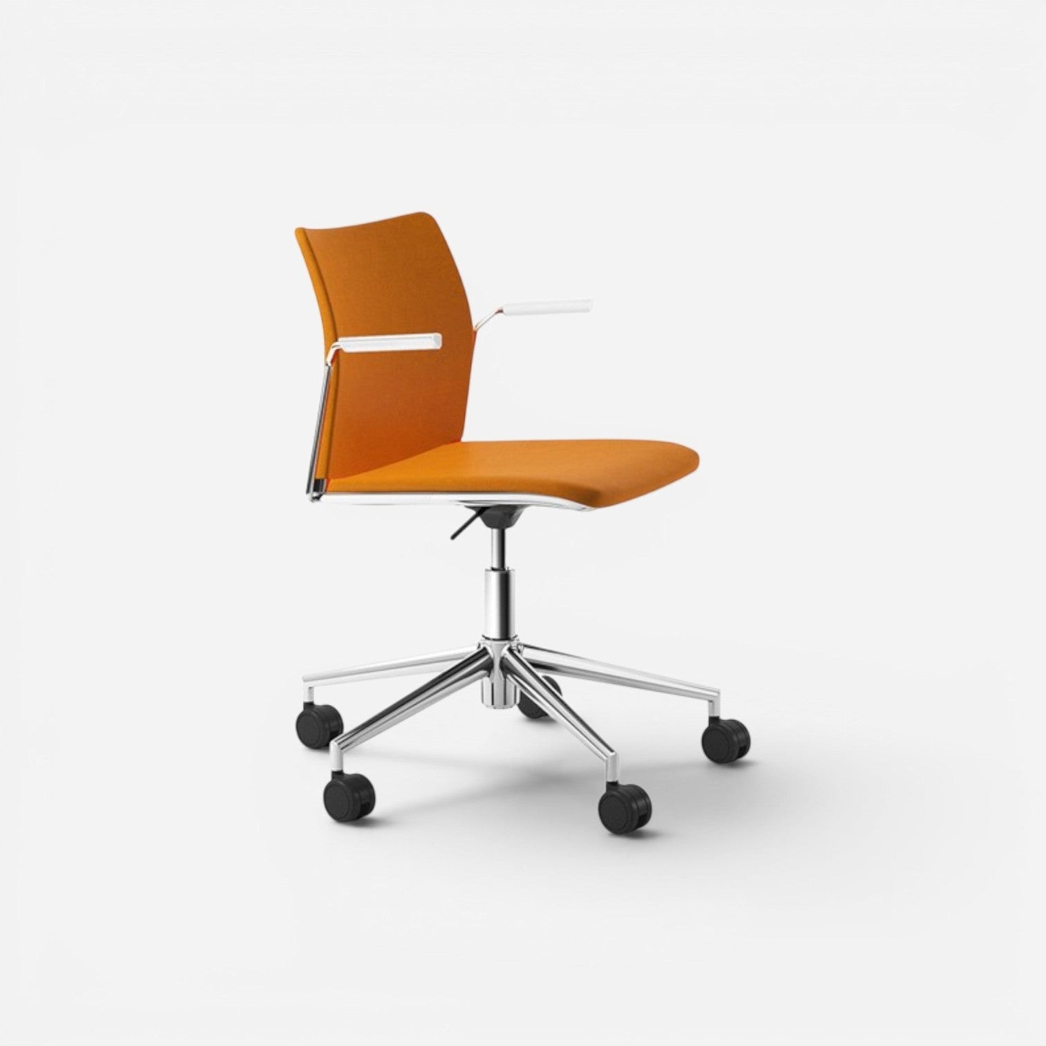 Addo Shop Incontro orange upholstered office chair with aluminum base, armrests, and wheels.