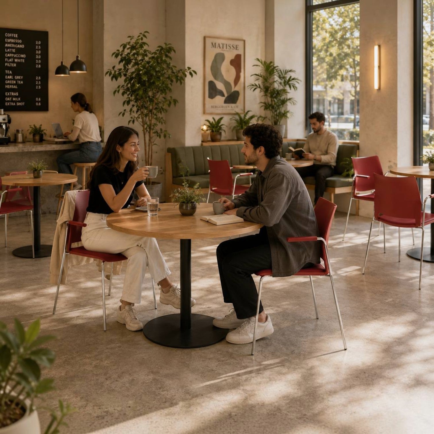 Addo Shop Incontro cafeteria chair with red polypropylene shell and chrome 4-leg frame in a modern cafe setting.