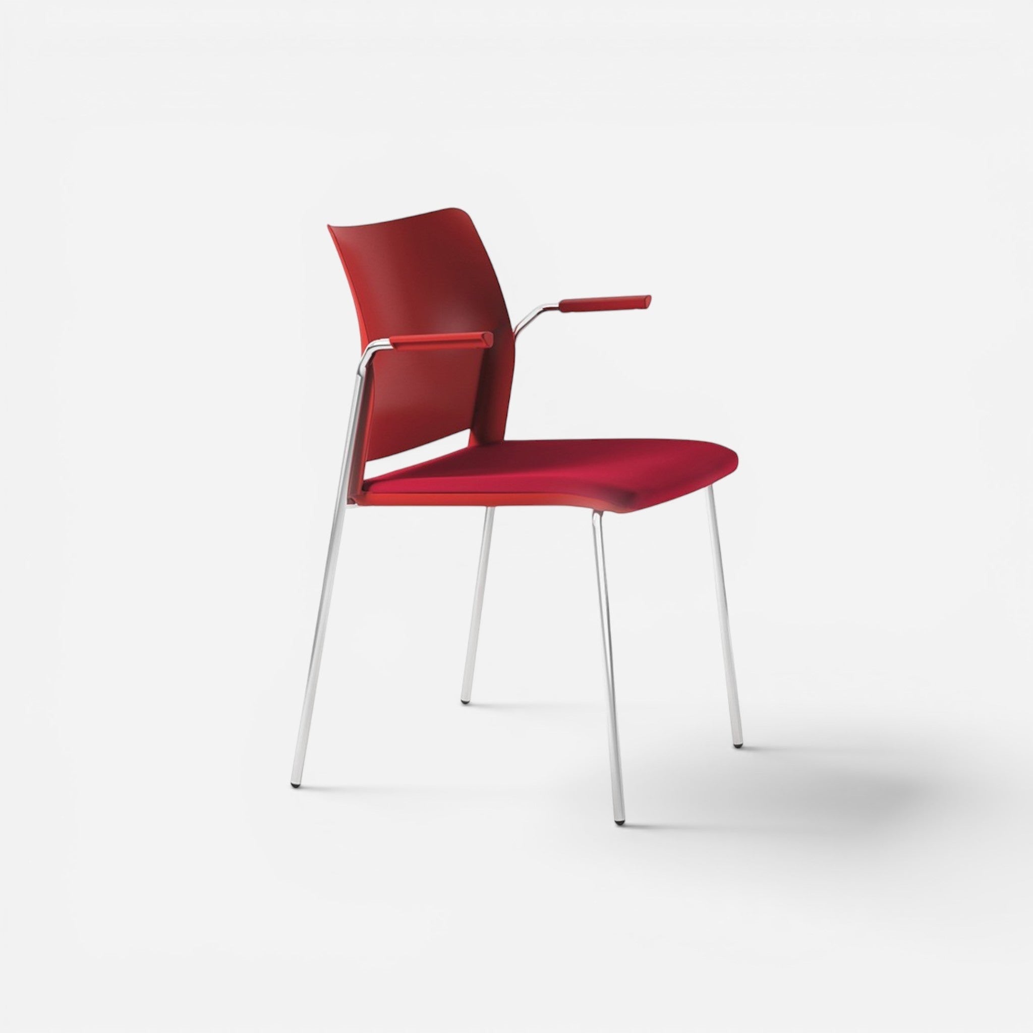Addo Shop Incontro red upholstered chair with silver metal legs and armrests, modern design for office or home.
