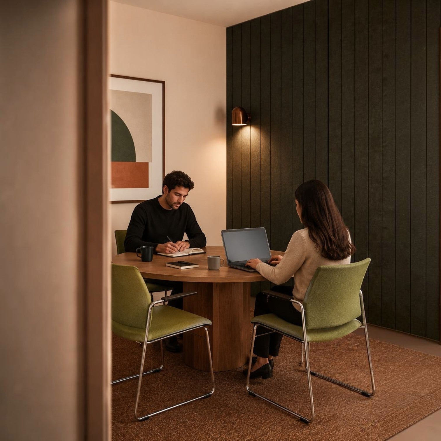 Addo Shop Incontro upholstered cafeteria chairs with green fabric and chrome sled frames in a modern office setting.