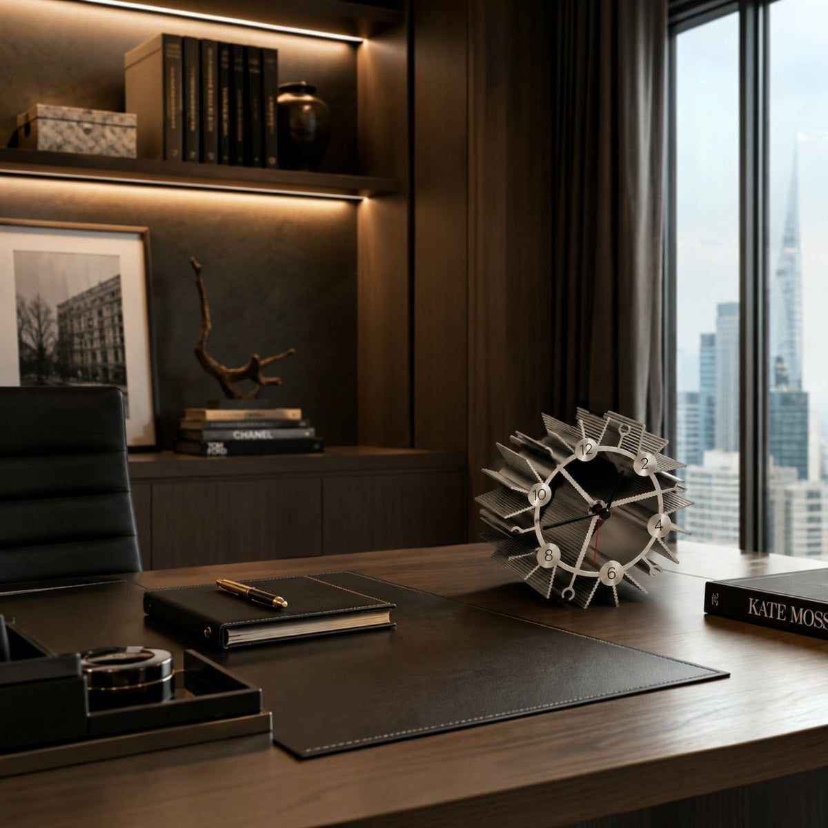 Addo Shop modern industrial desk clock with a unique gear-inspired metallic design on a luxury office desk.