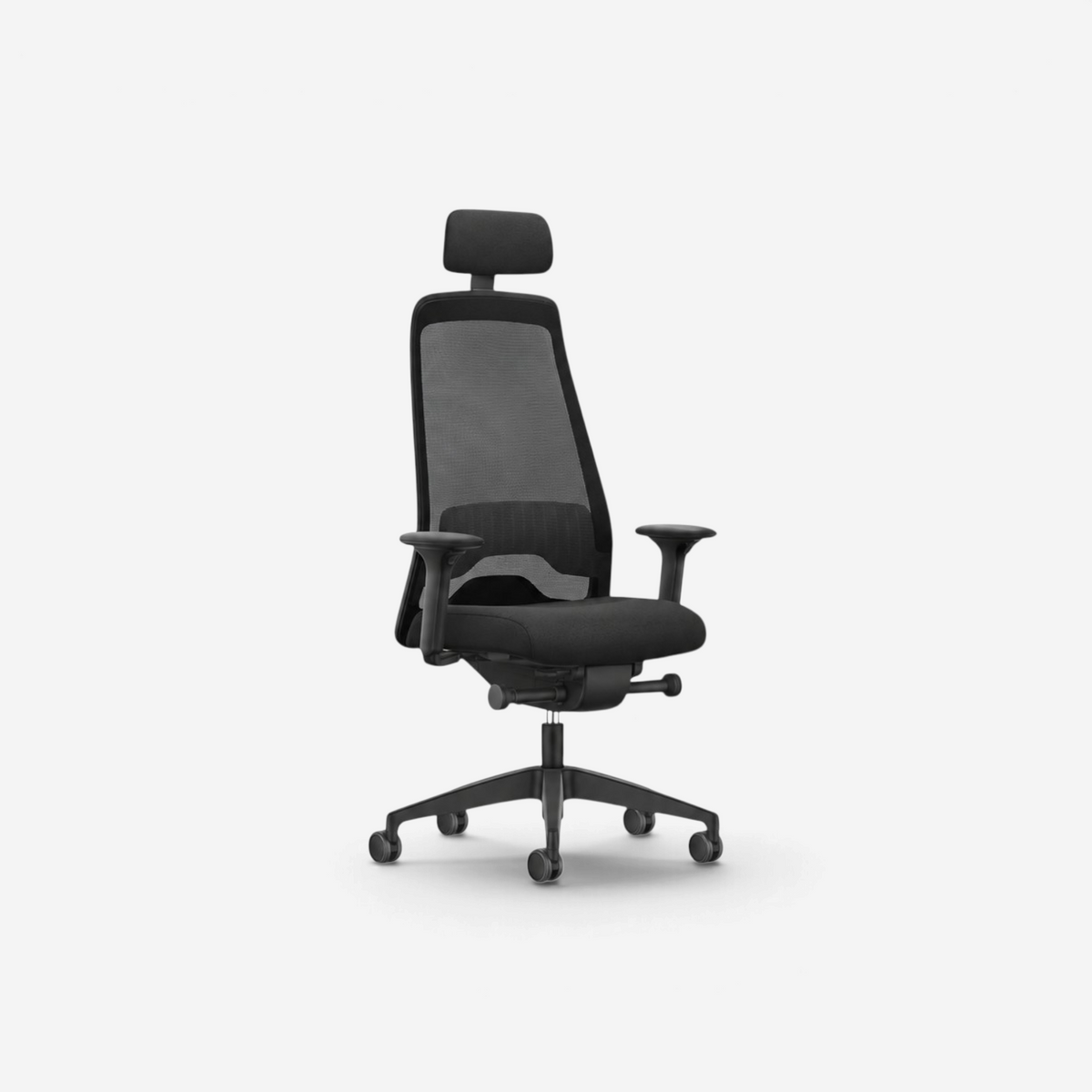 Addo Shop Interstuhl Everyis1 ergonomic office chair with black mesh back, headrest, and adjustable armrests.
