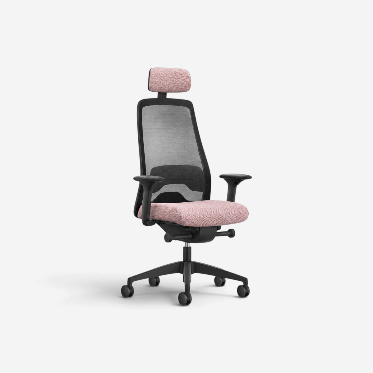 Addo Shop Interstuhl EVERYis1 ergonomic office chair with pink fabric seat, black mesh backrest, and headrest.