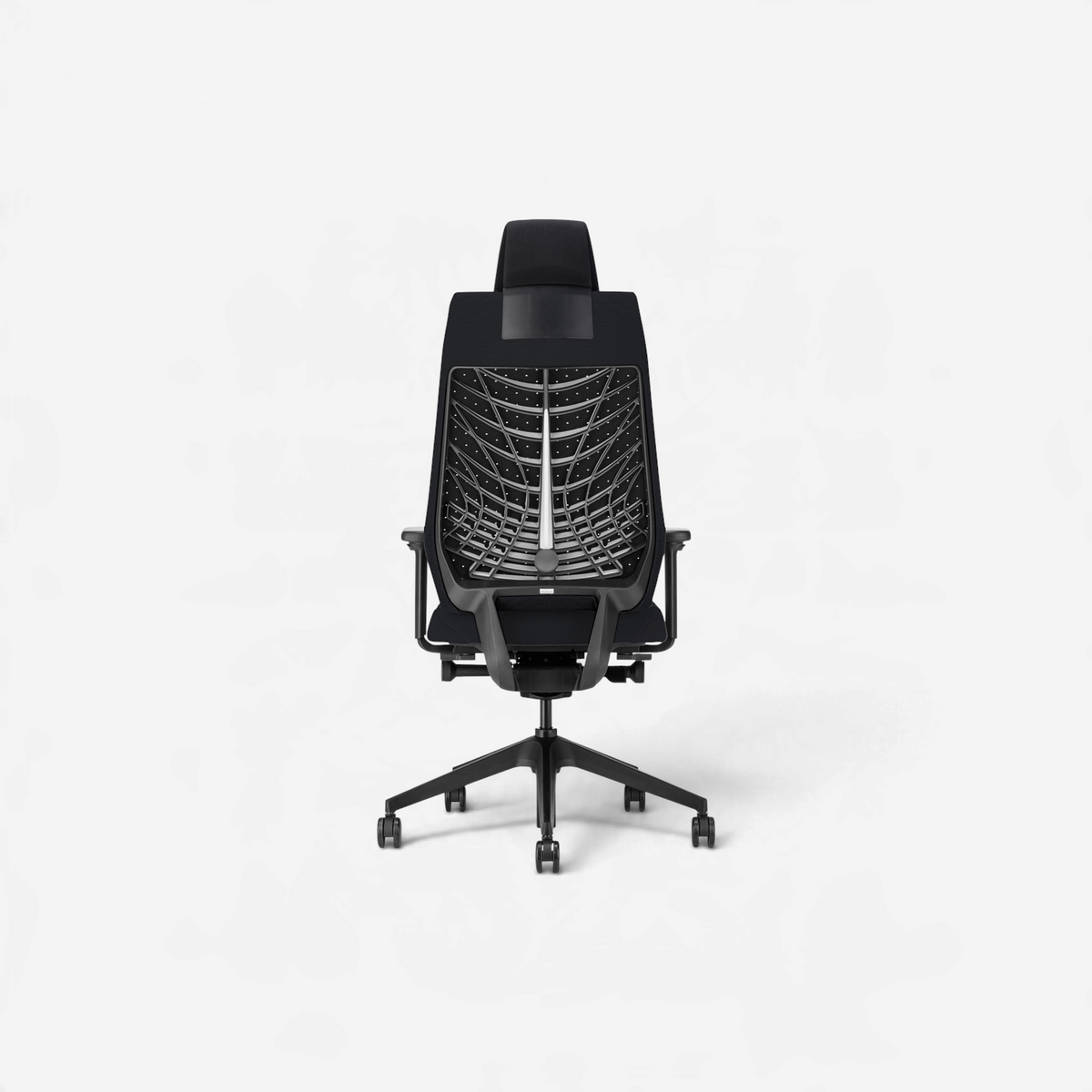 Addo Shop Joyce ergonomic office chair with black fabric, headrest, and a unique skeletal back support structure.
