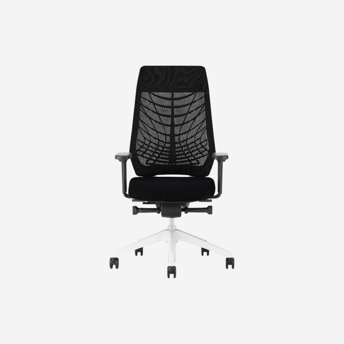 Addo Shop Joyce ergonomic office chair with white frame, black FlexGrid elastomer backrest, and adjustable armrests.